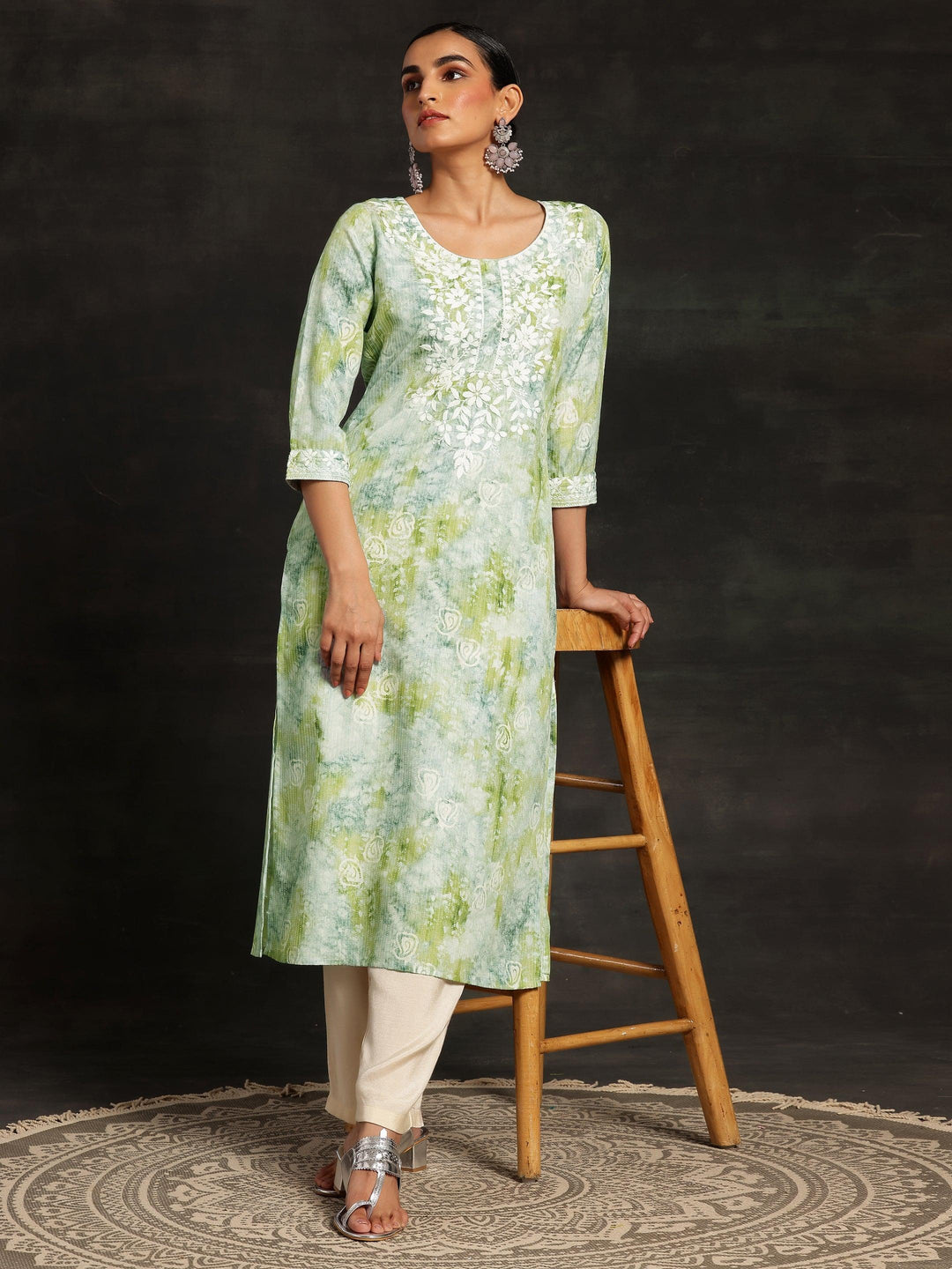 Green Printed Cotton Straight Kurta - ShopLibas