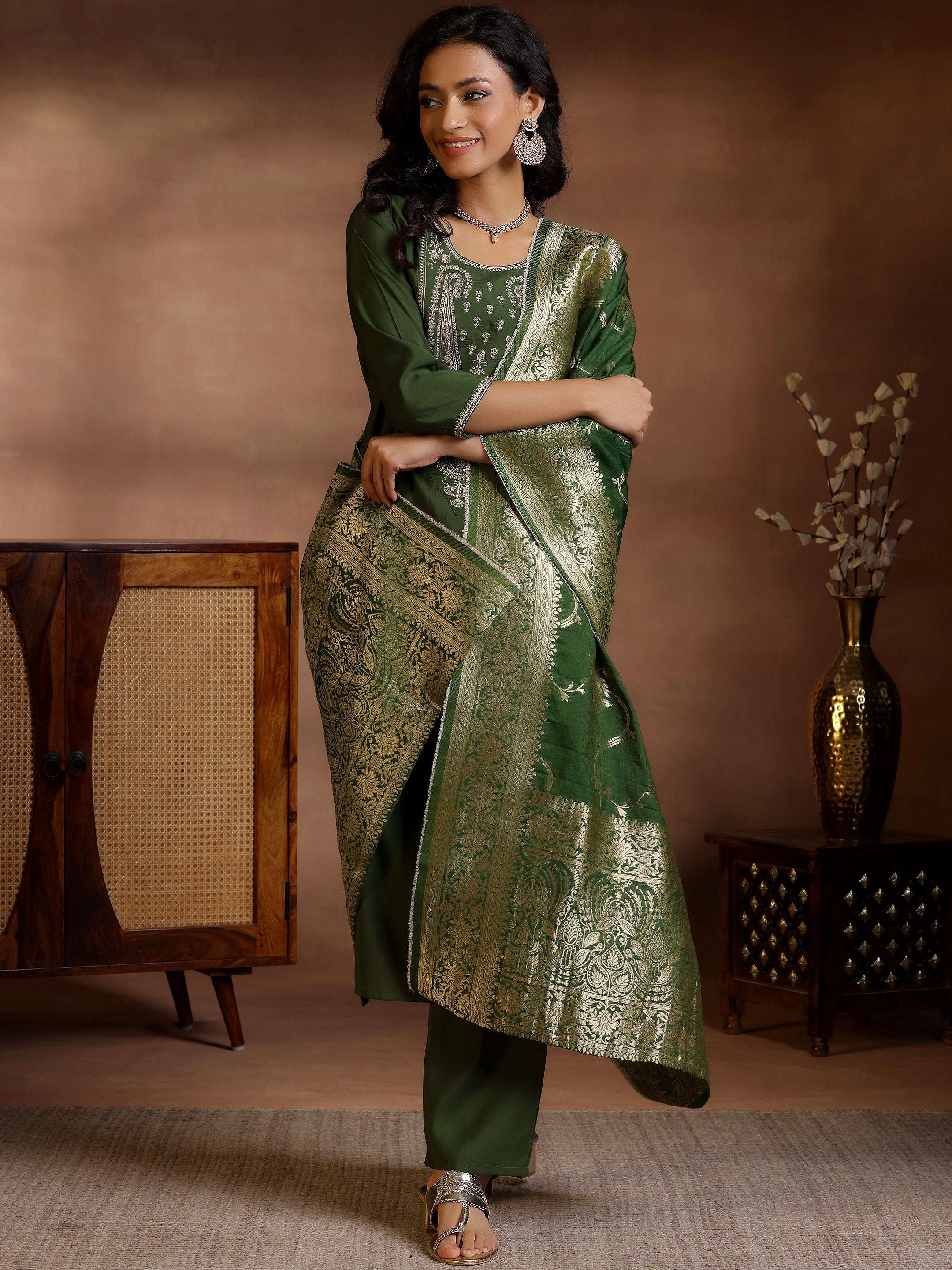 Olive Yoke Design Silk Blend Straight Suits With Dupatta