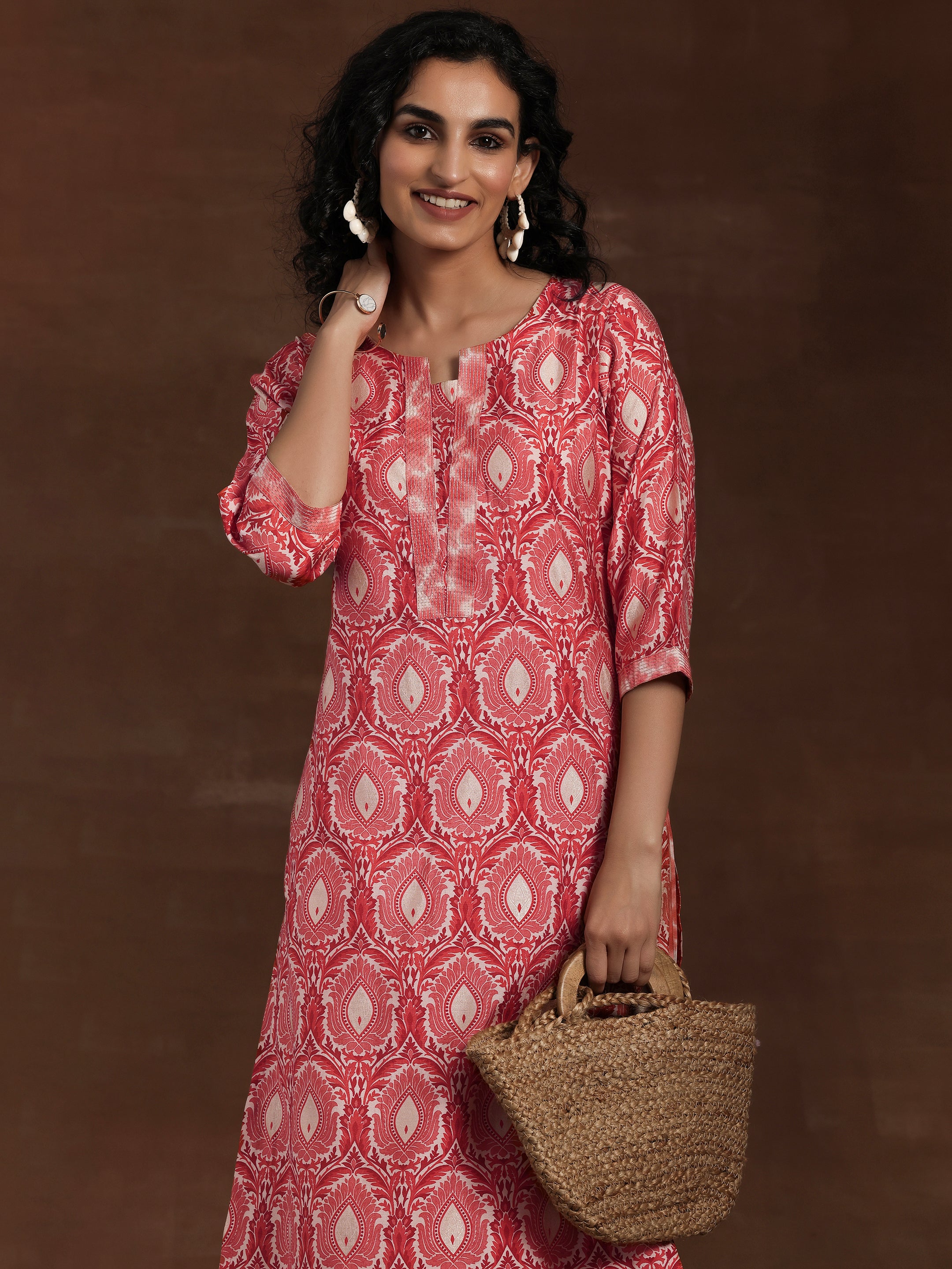 Peach Printed Silk Blend Straight Kurta Set