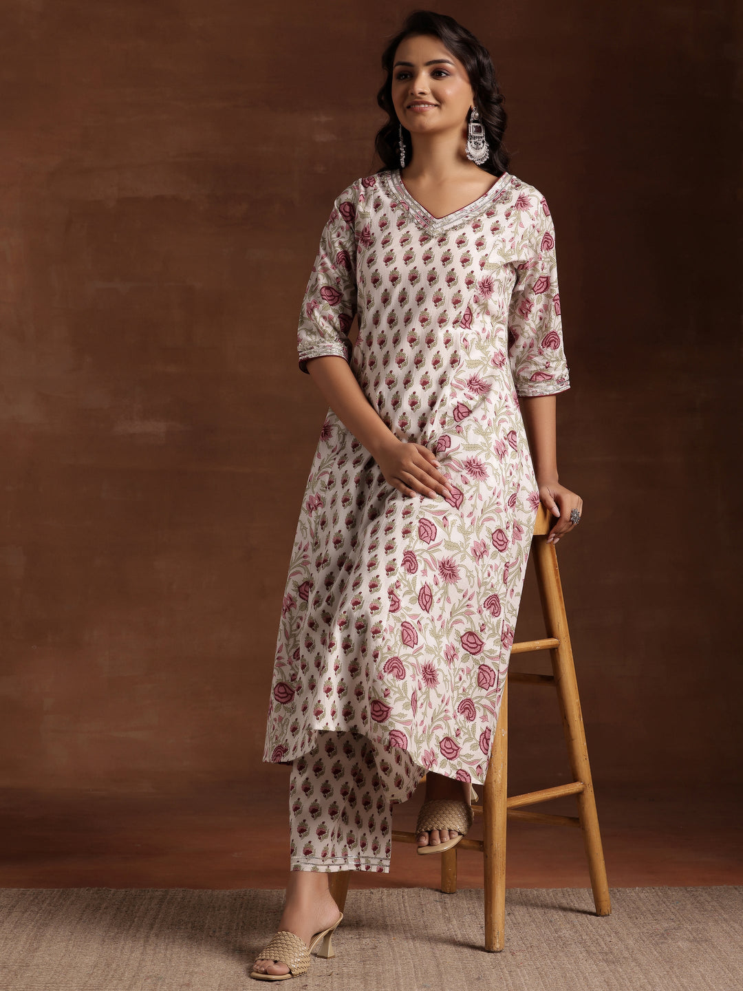 Off white Printed Cotton A-Line Kurta With Palazzos