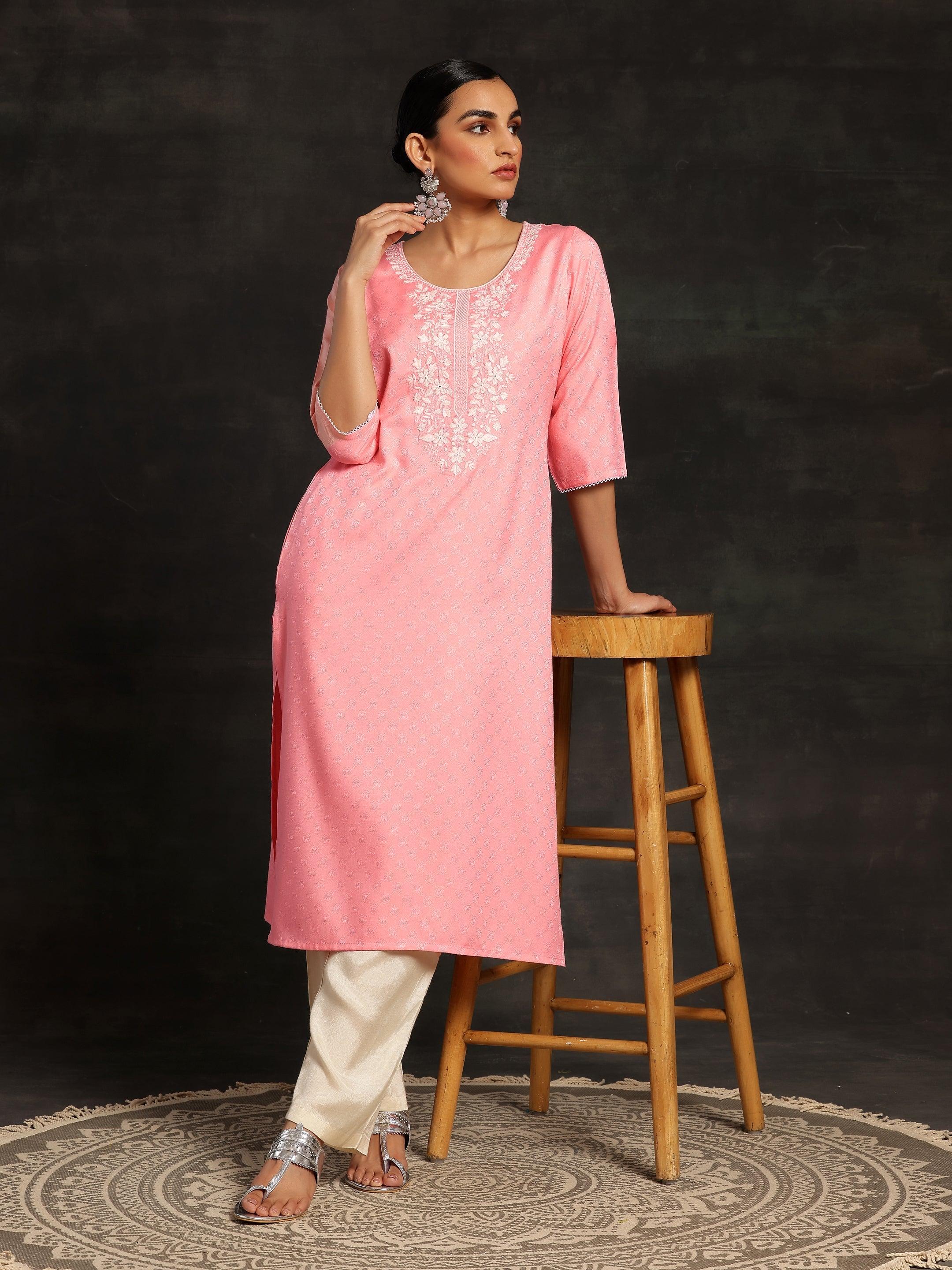 Pink Yoke Design Rayon Straight Kurta