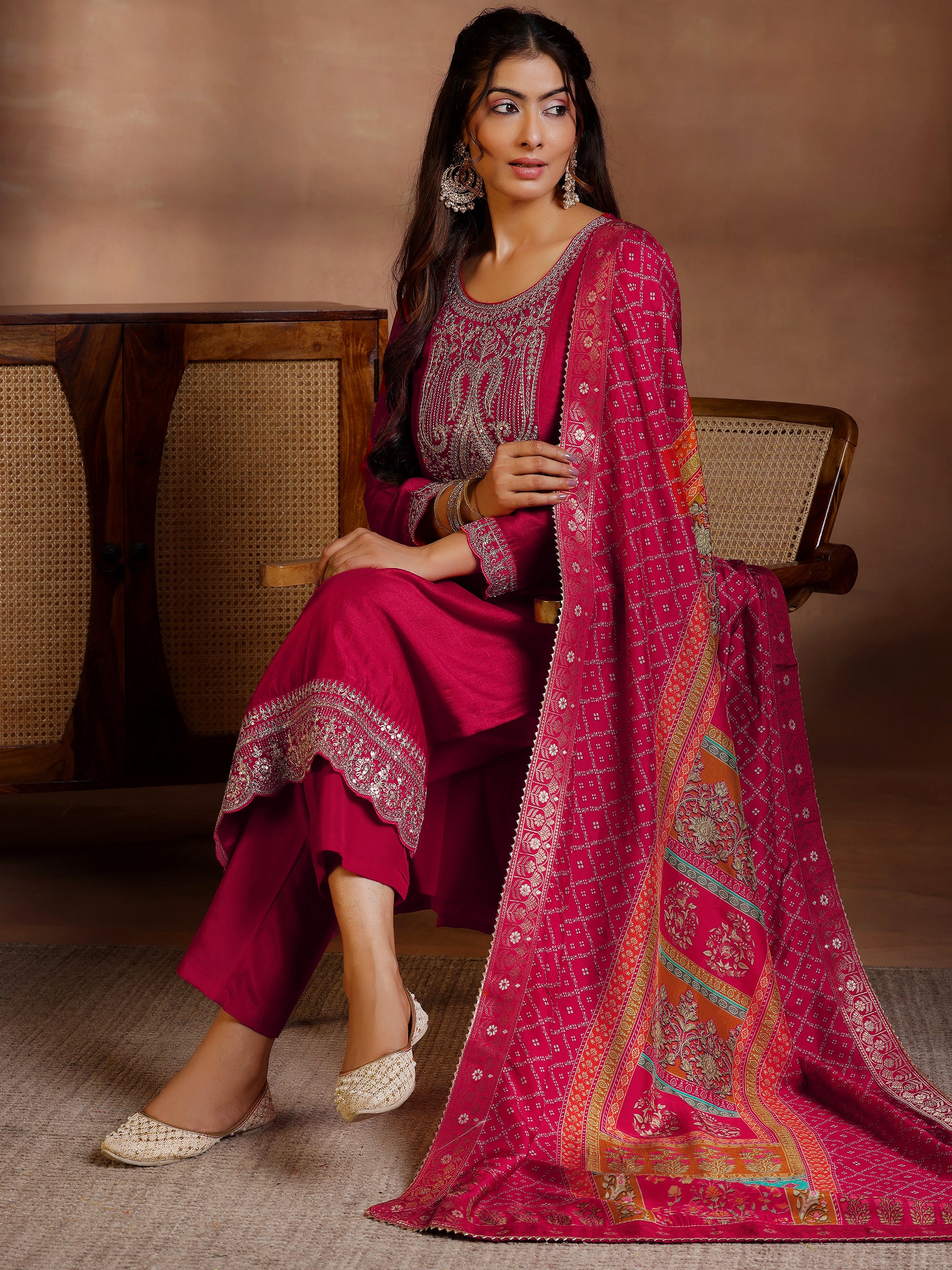 Red Embroidered Silk Blend Straight Suits With Dupatta