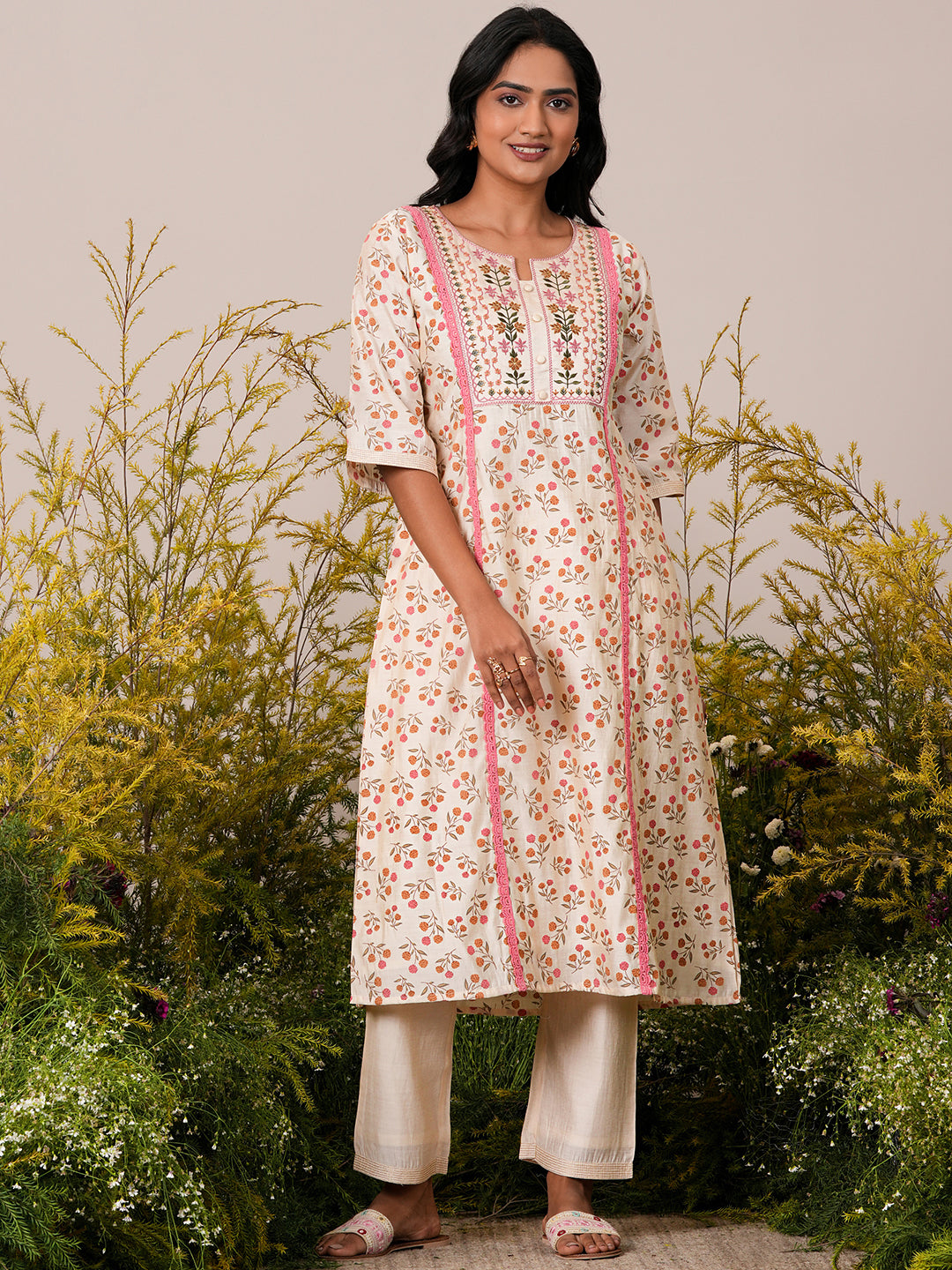 Beige Printed Chanderi Silk A-Line Kurta With Palazzos