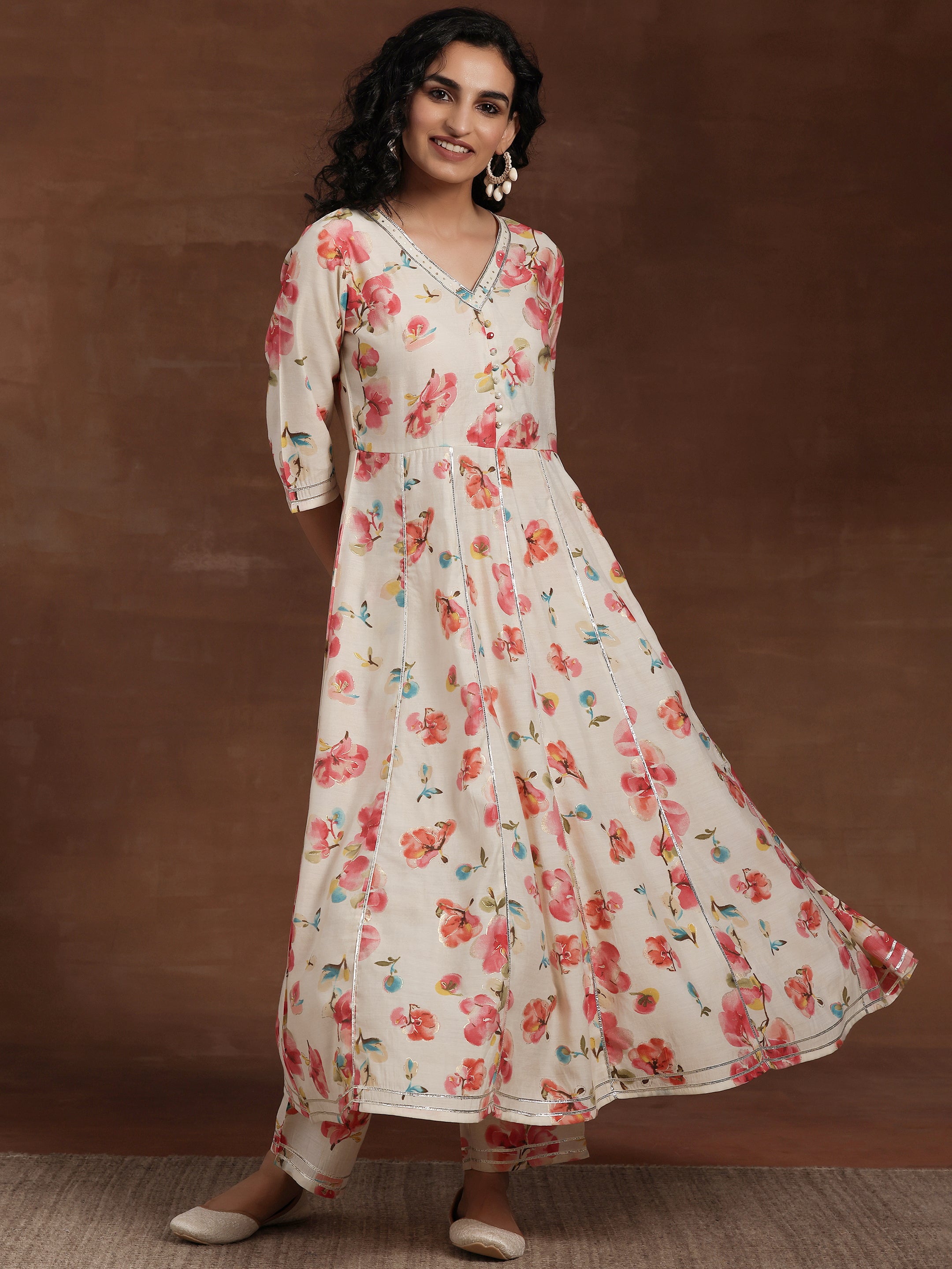 Off White Printed Silk Blend Anarkali Kurta Set