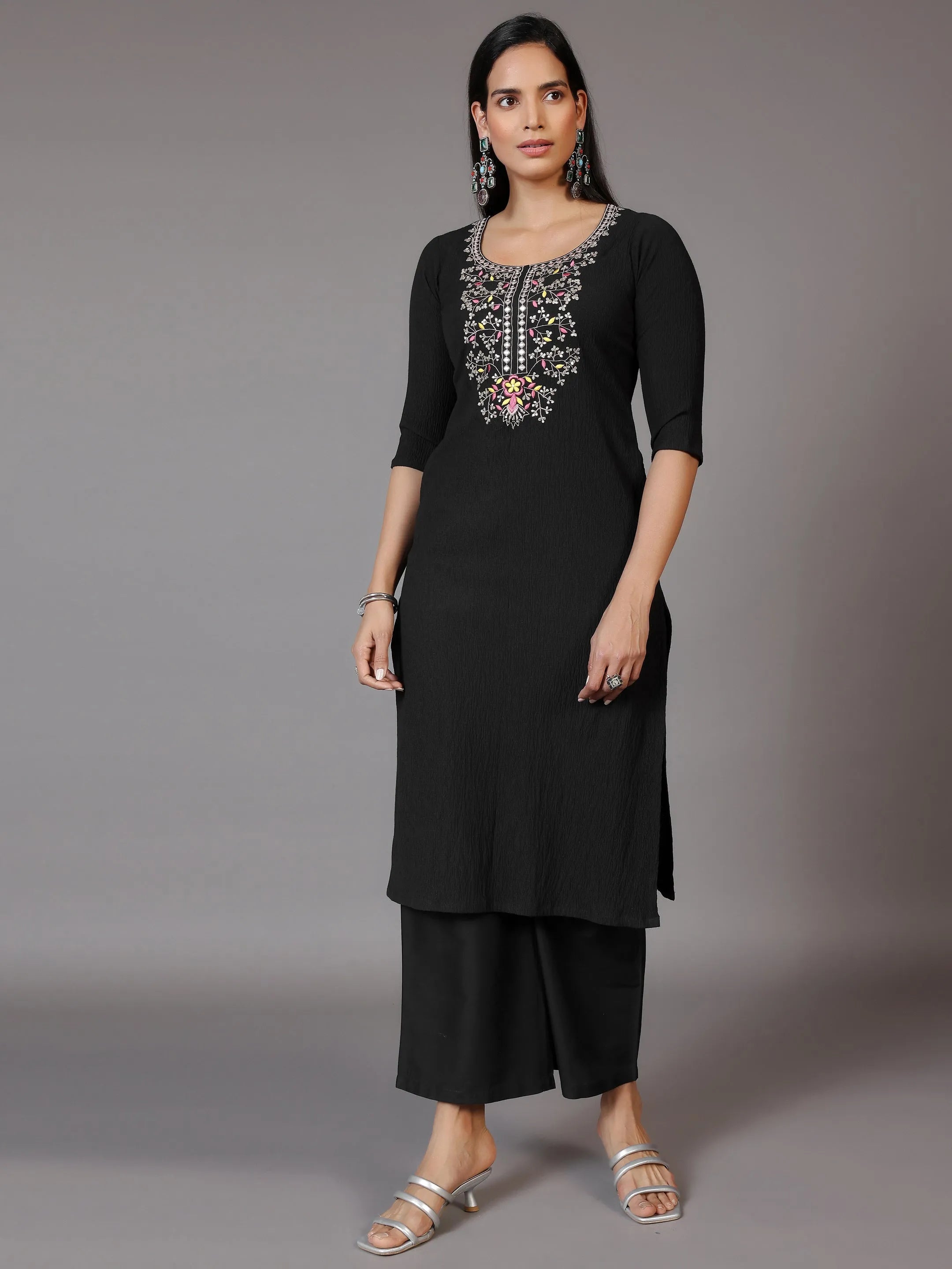 Black Yoke Design Polyester Straight Kurta