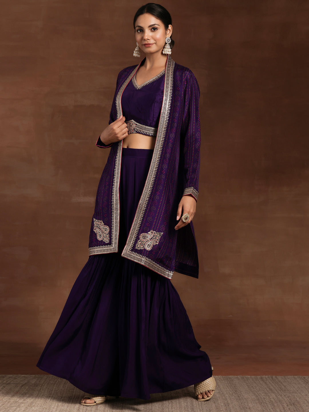 Purple Printed Silk Blend 3 Piece Co-Ords