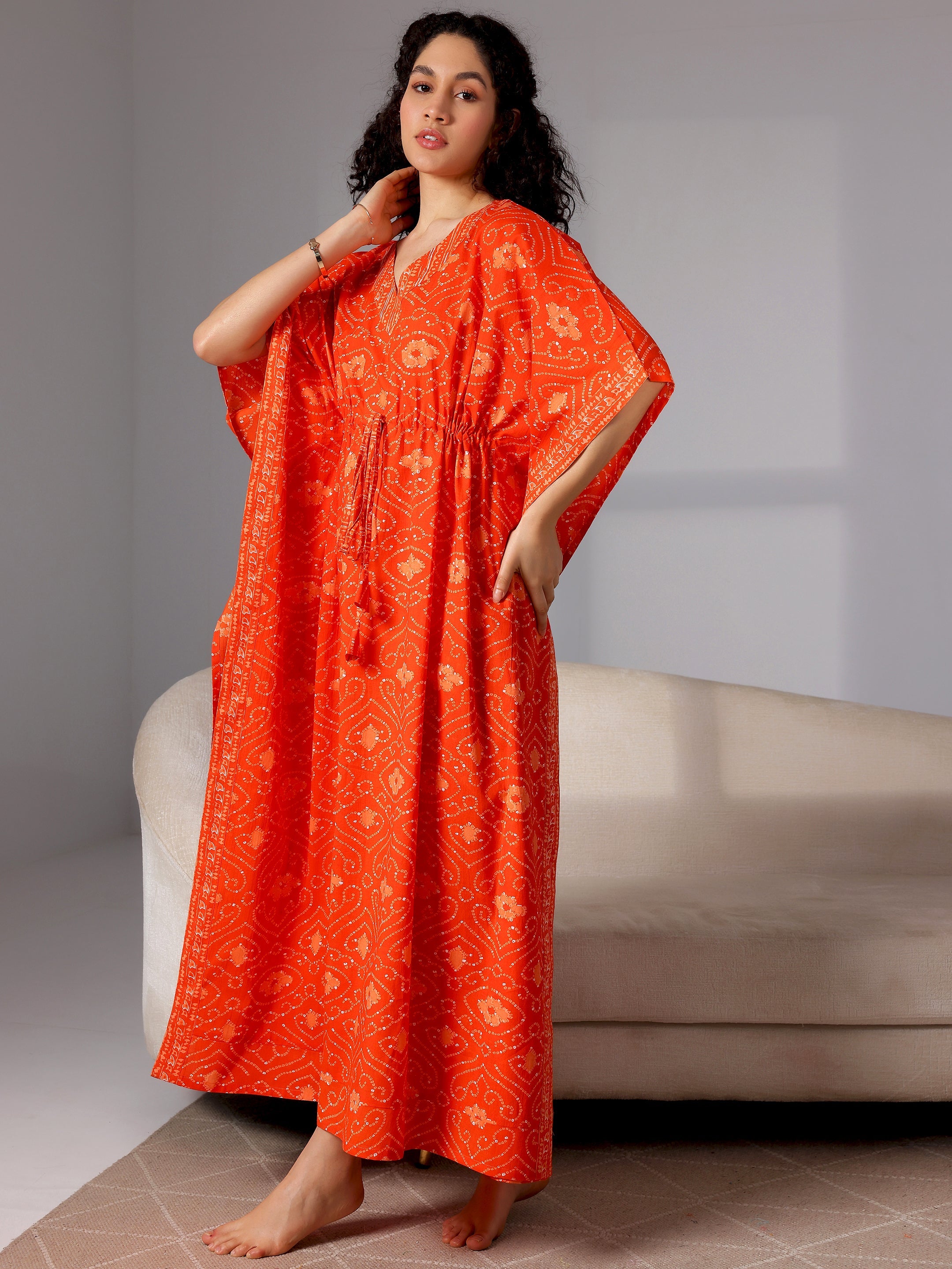 Orange Printed Cotton Kaftan Night Dress