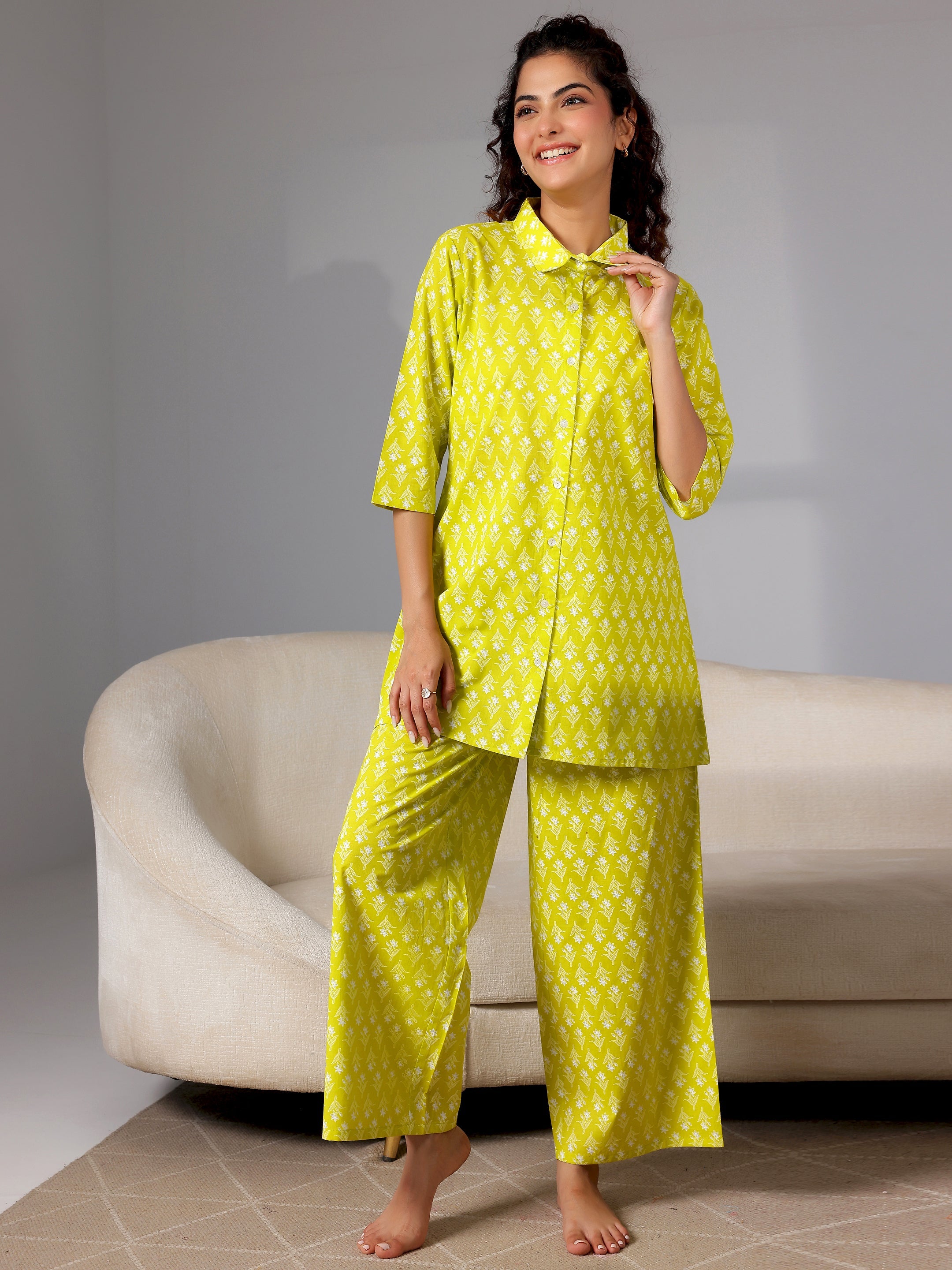 Green Printed Cotton Night Suits