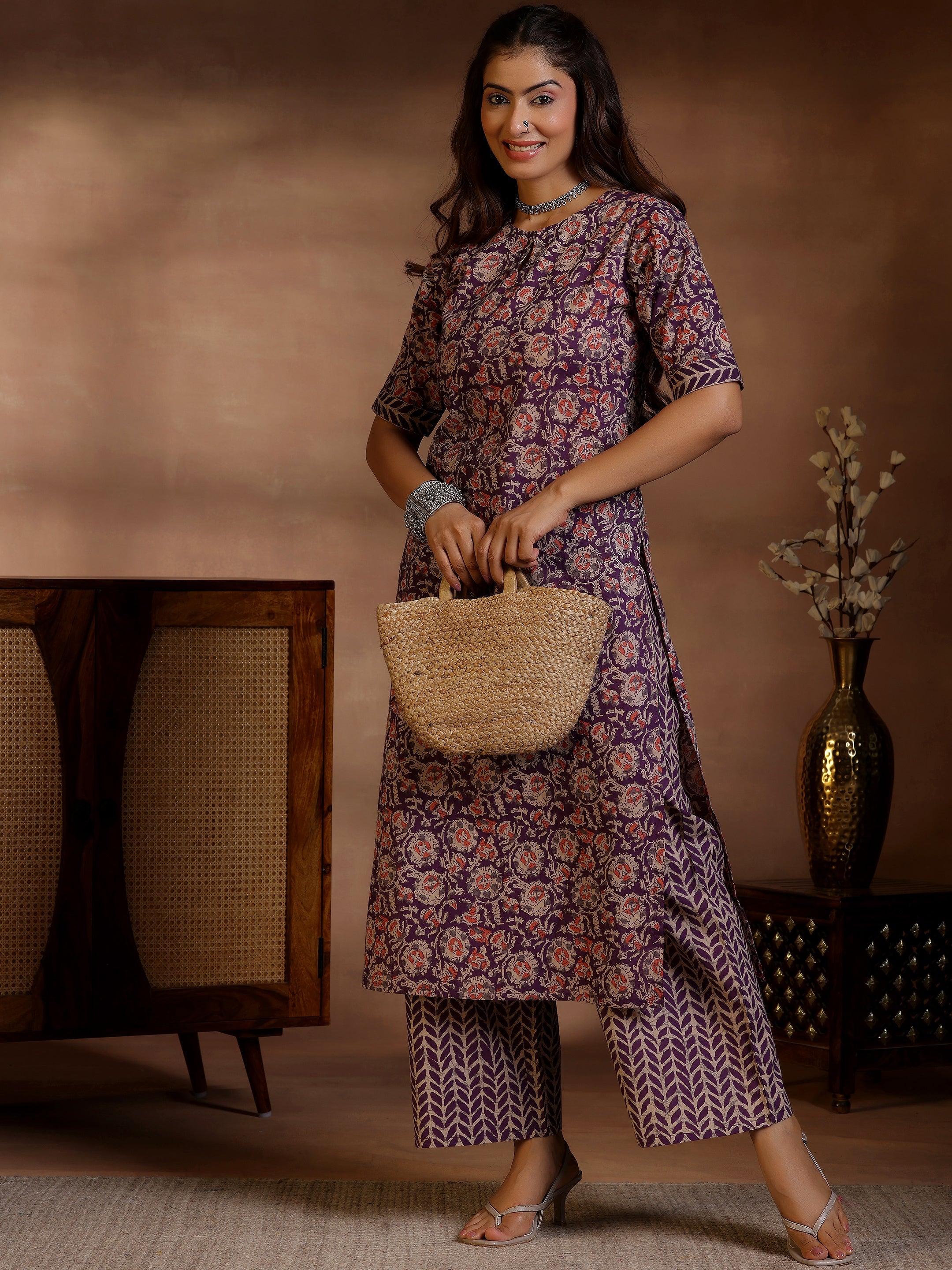 Purple Printed Cotton Straight Kurta Set