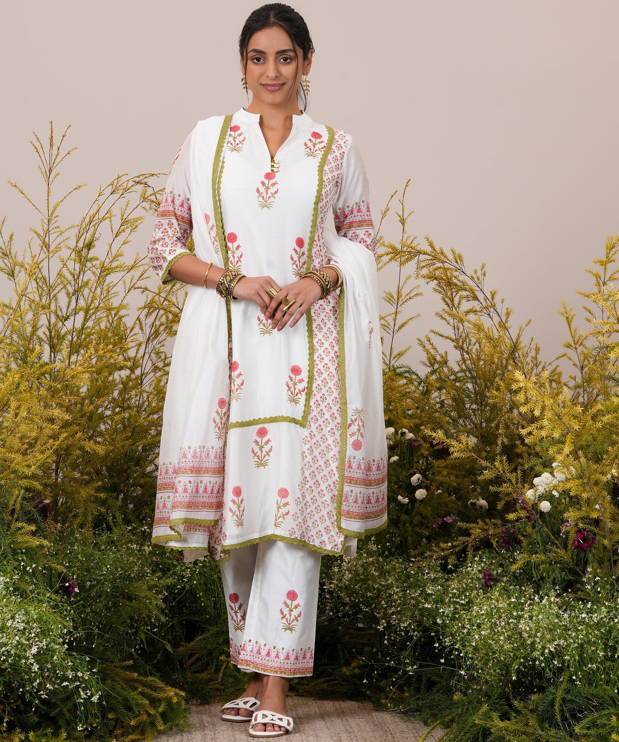 White Printed Chanderi Silk Straight Suit With Dupatta