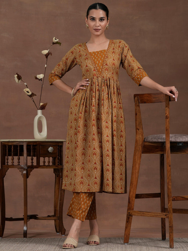 Mustard Printed Cotton A-Line Kurta With Palazzos - Libas