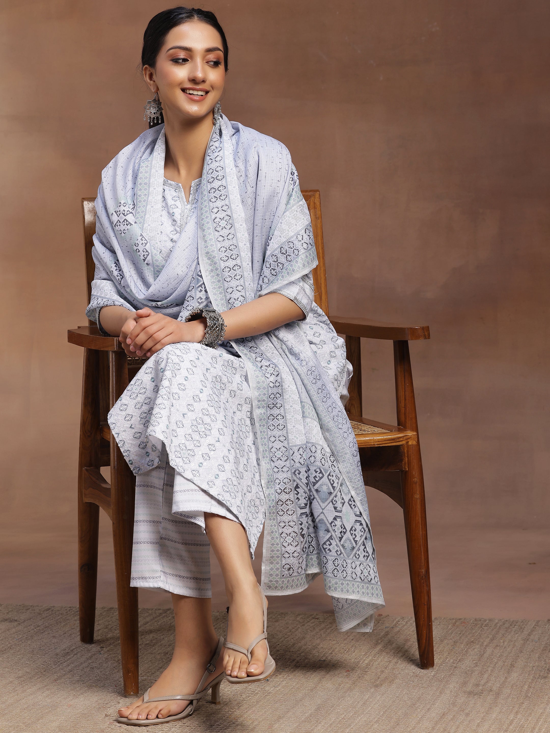 Grey Embroidered Cotton Blend Straight Suit With Dupatta