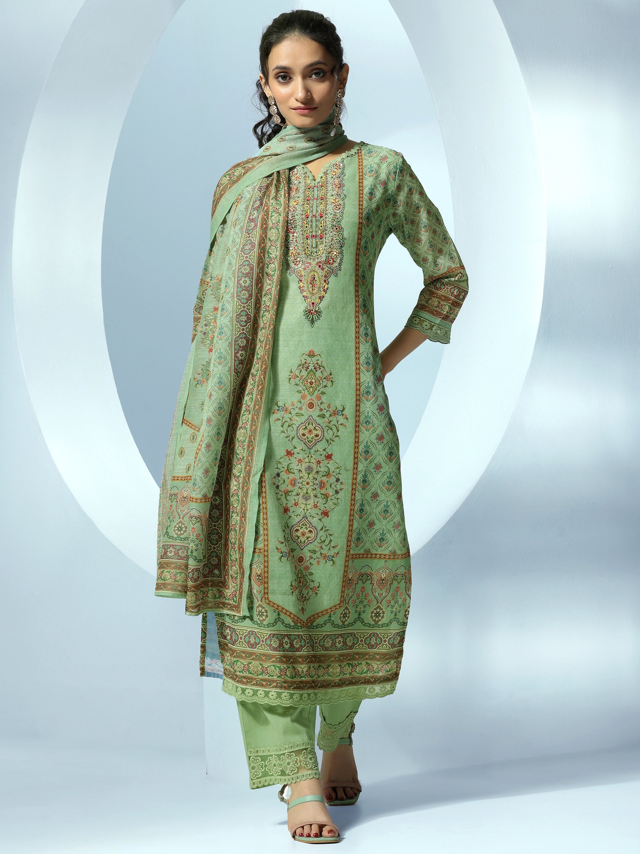 Green Printed Linen Straight Suit With Dupatta