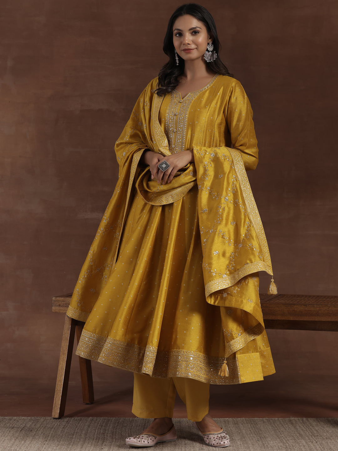 Mustard Embroidered Silk Blend A-Line Kurta With Palazzos & Dupatta