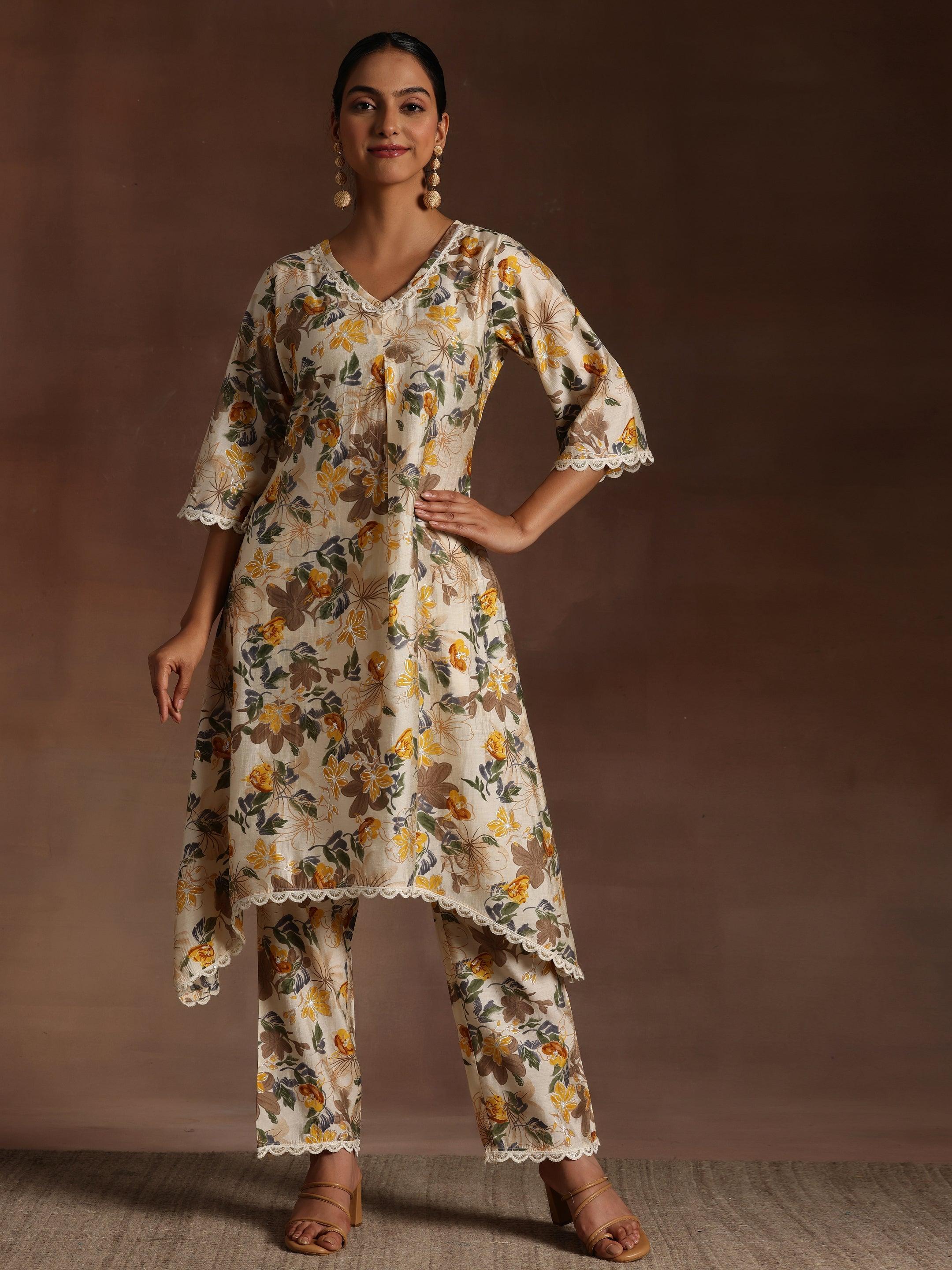 Beige Printed Chanderi Silk A-Line Kurta With Trousers