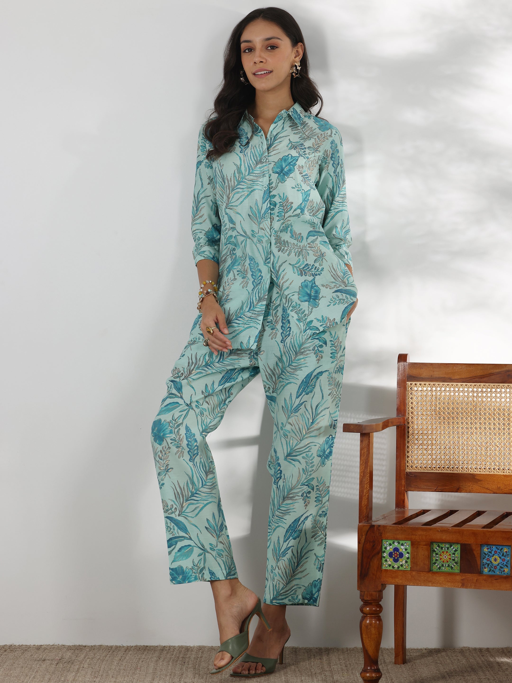 Blue Printed Silk Blend Co-Ords