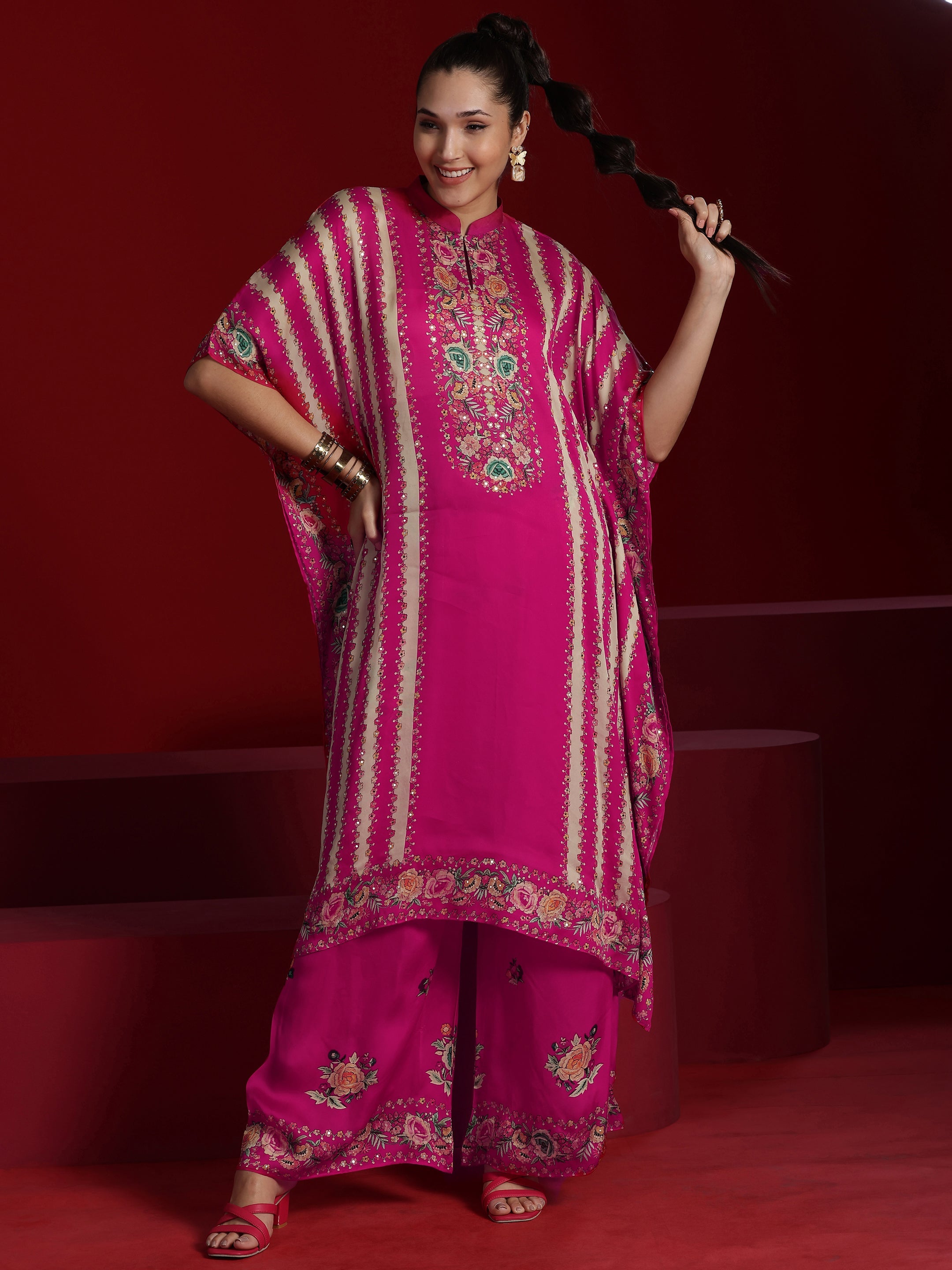 Libas Art Pink Printed Silk Blend Kaftan Kurta With Palazzo