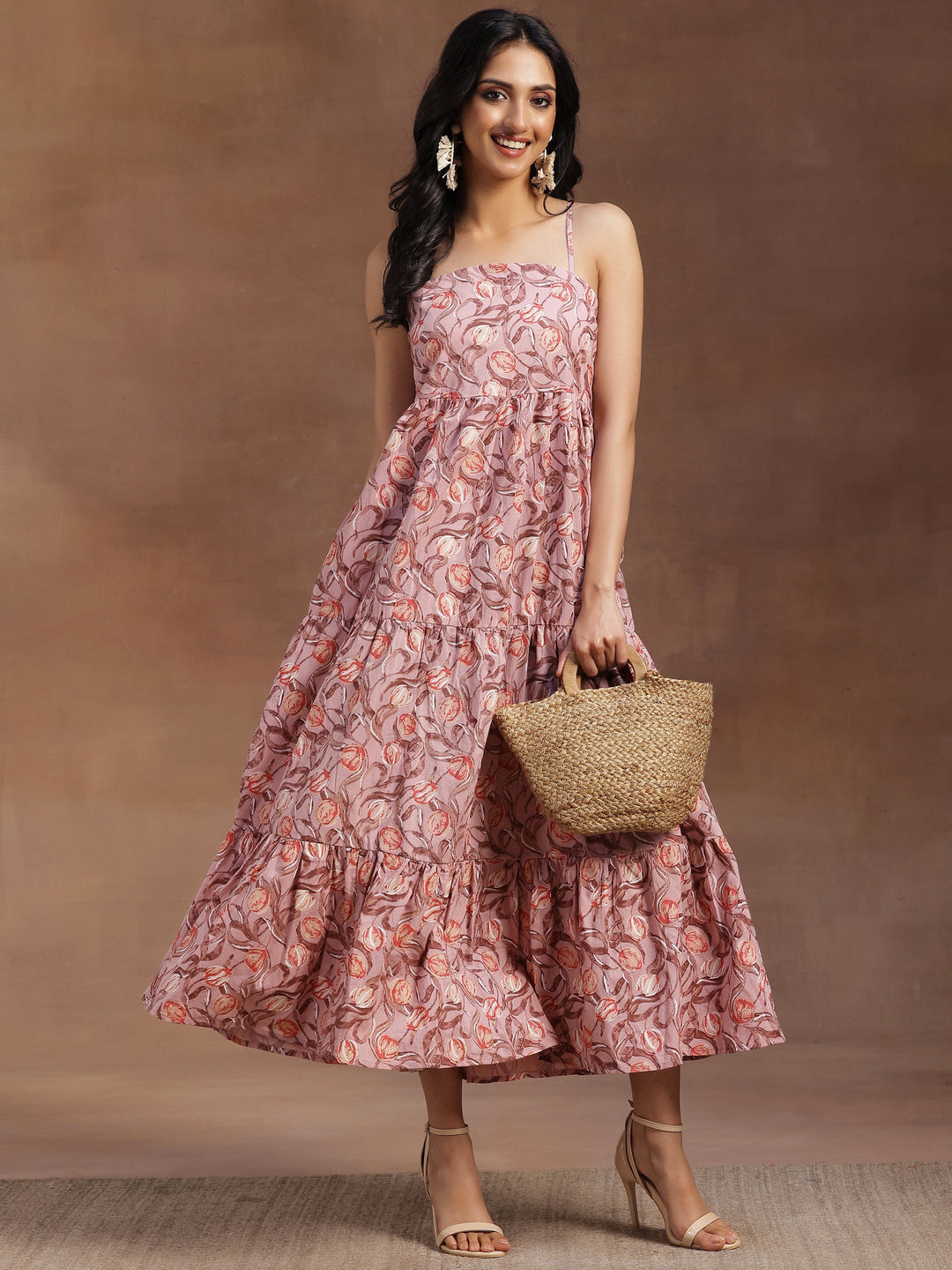 Peach Printed Cotton Fit and Flare Dress