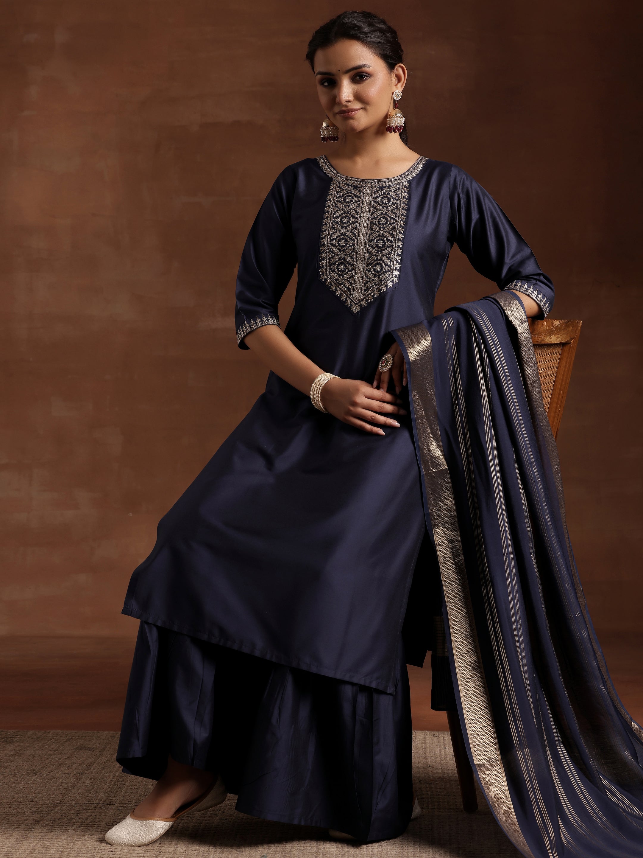 Blue Yoke Design Silk Blend Straight Suit With Dupatta