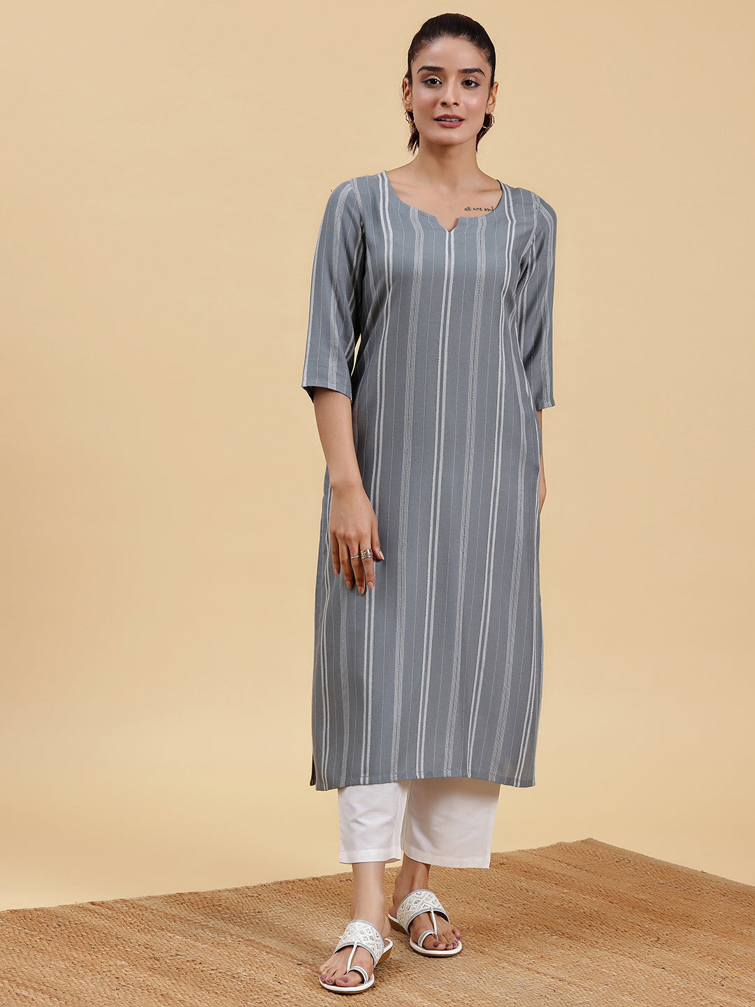 Grey Woven Design Rayon Straight Kurta