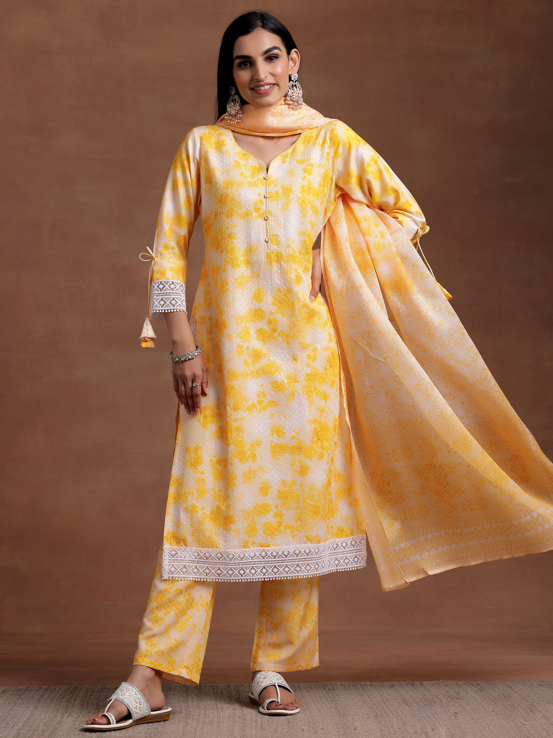 Yellow Embroidered Cotton Blend Straight Suit With Dupatta