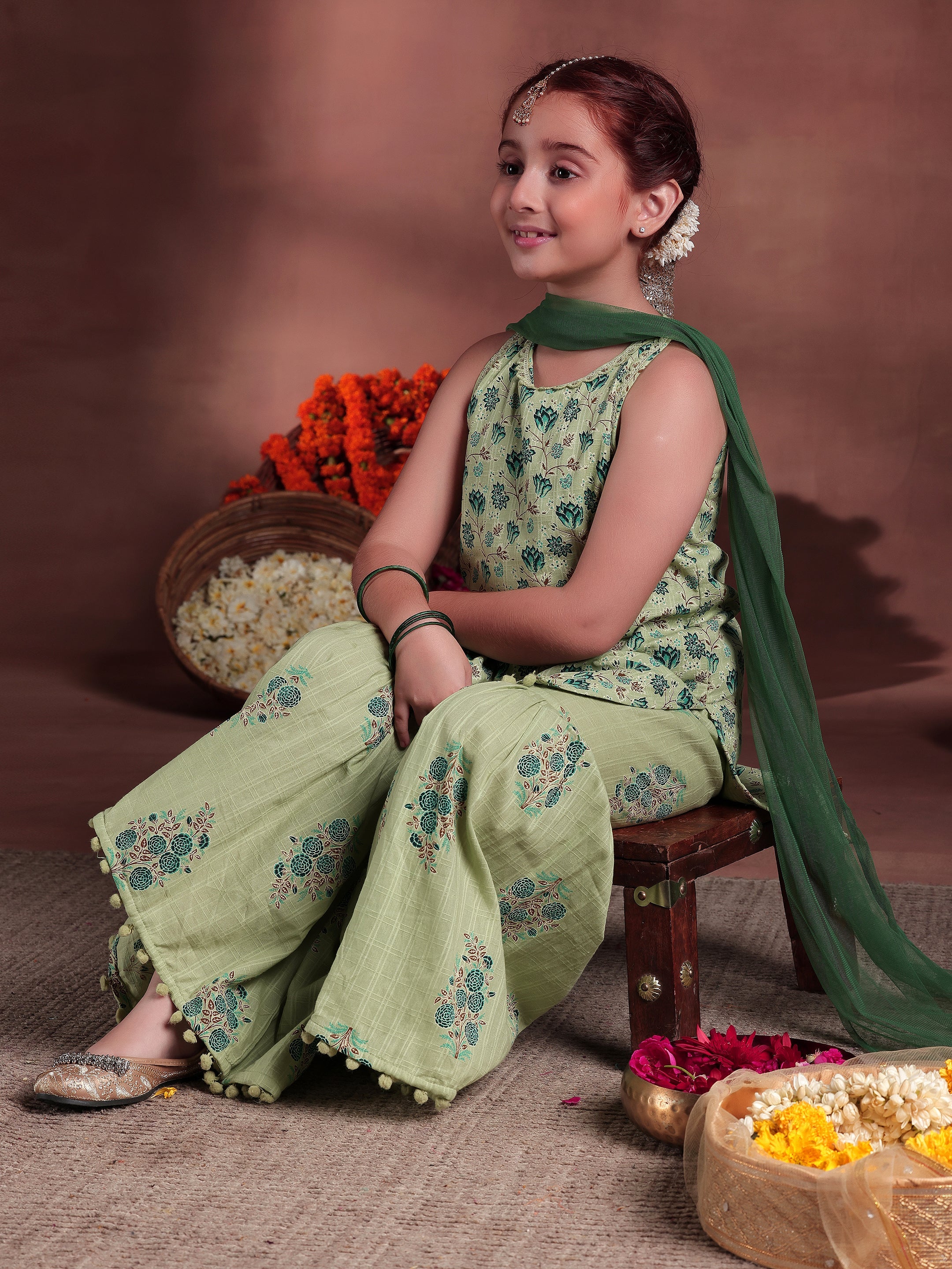 Kids Green Printed Cotton Straight Suit With Dupatta