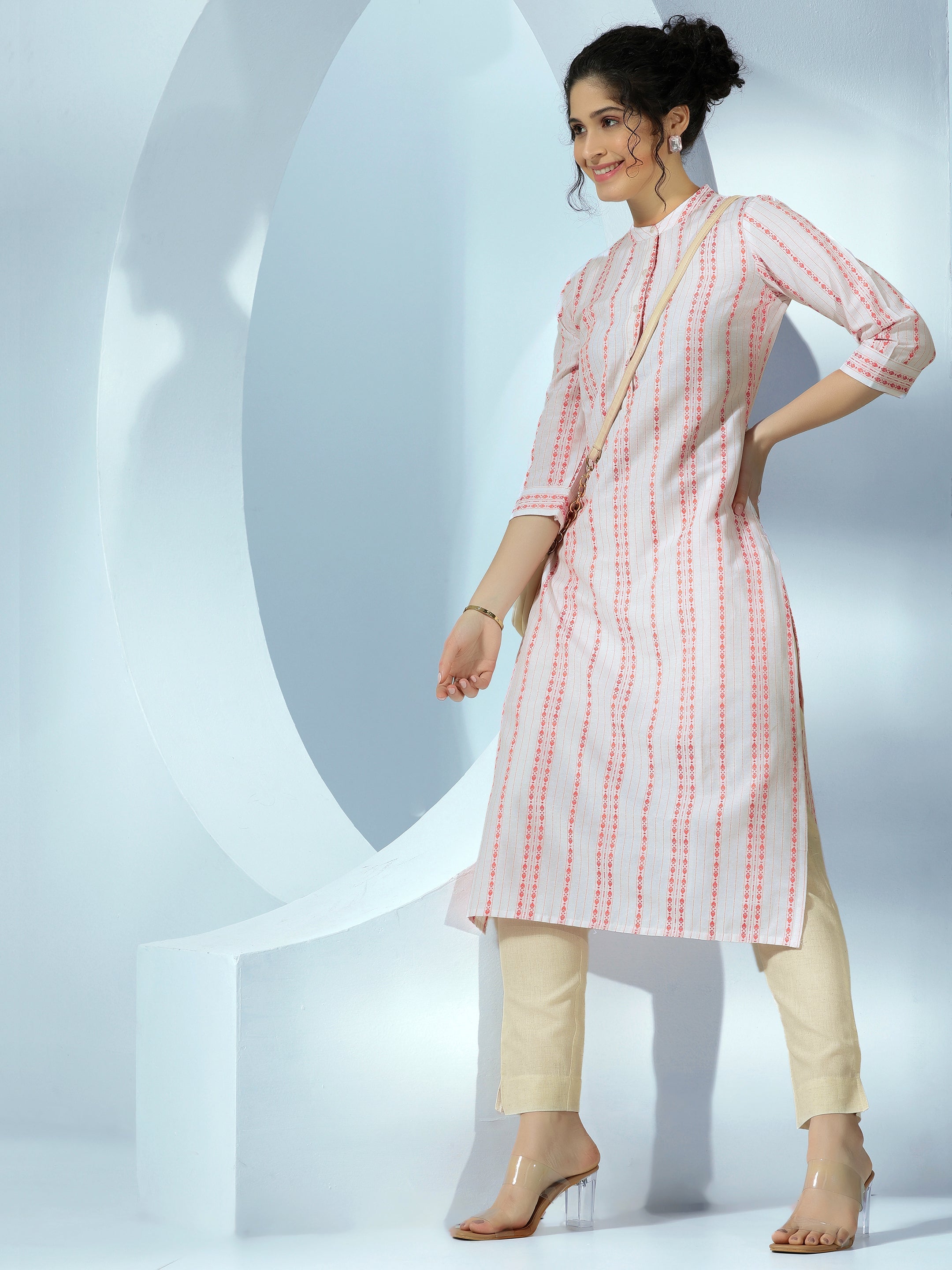 White Woven Design Cotton Straight Kurta