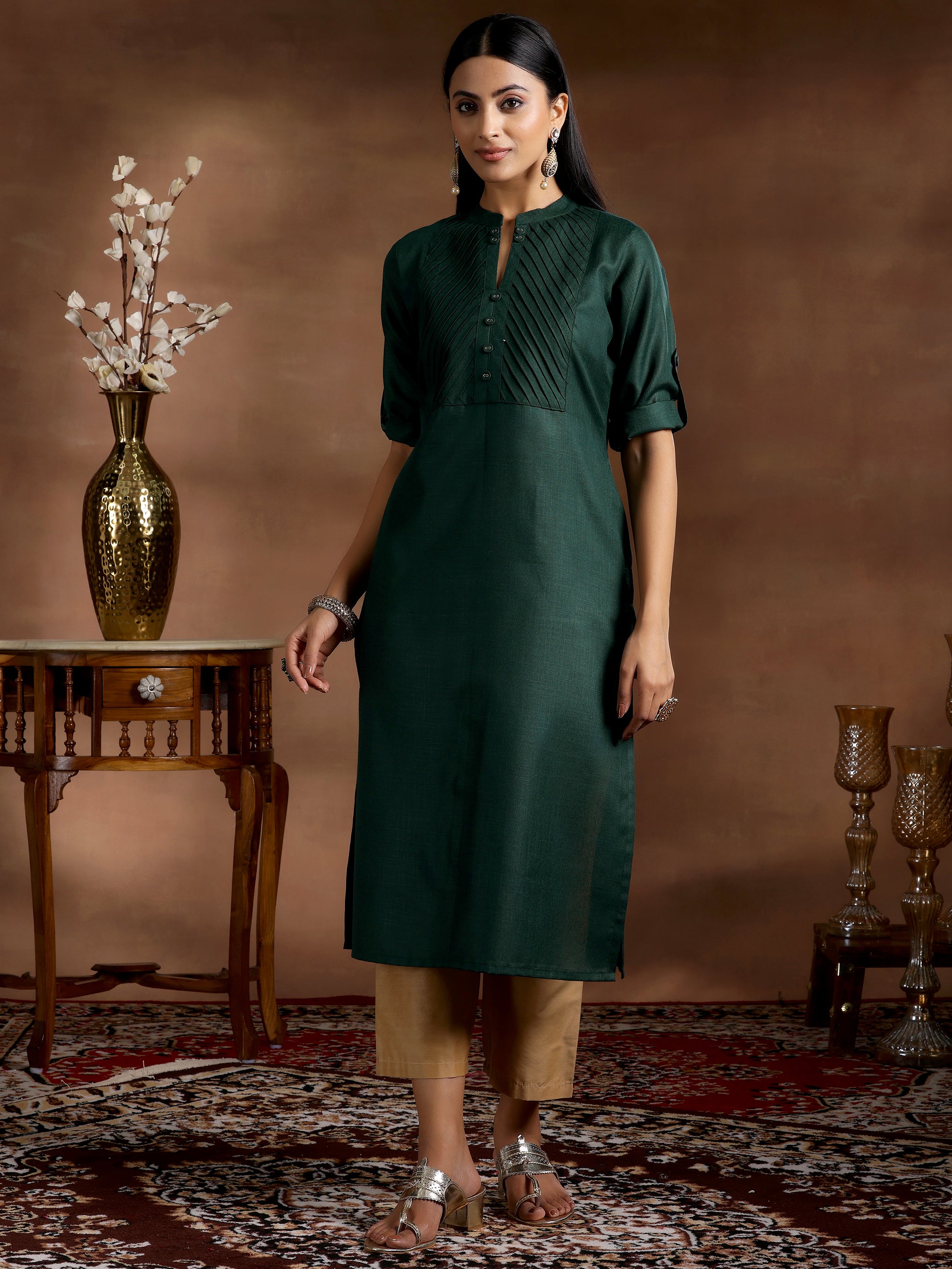 Green Solid Silk Straight Kurta