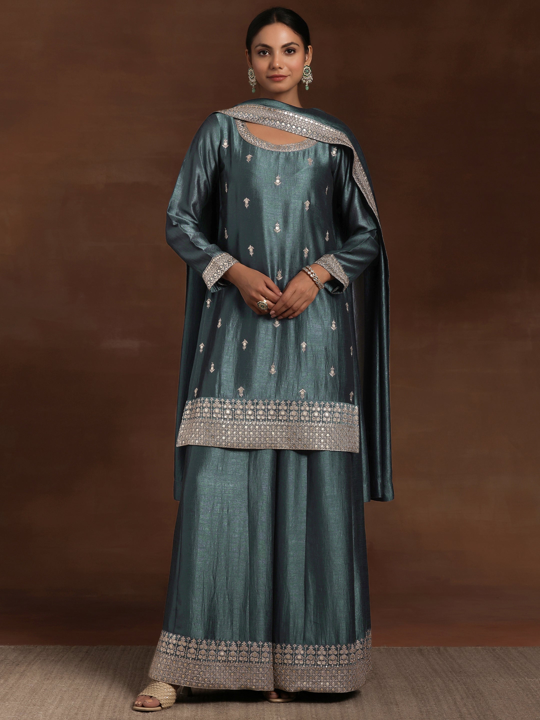 Grey Embroidered Silk Blend Straight Suit With Dupatta