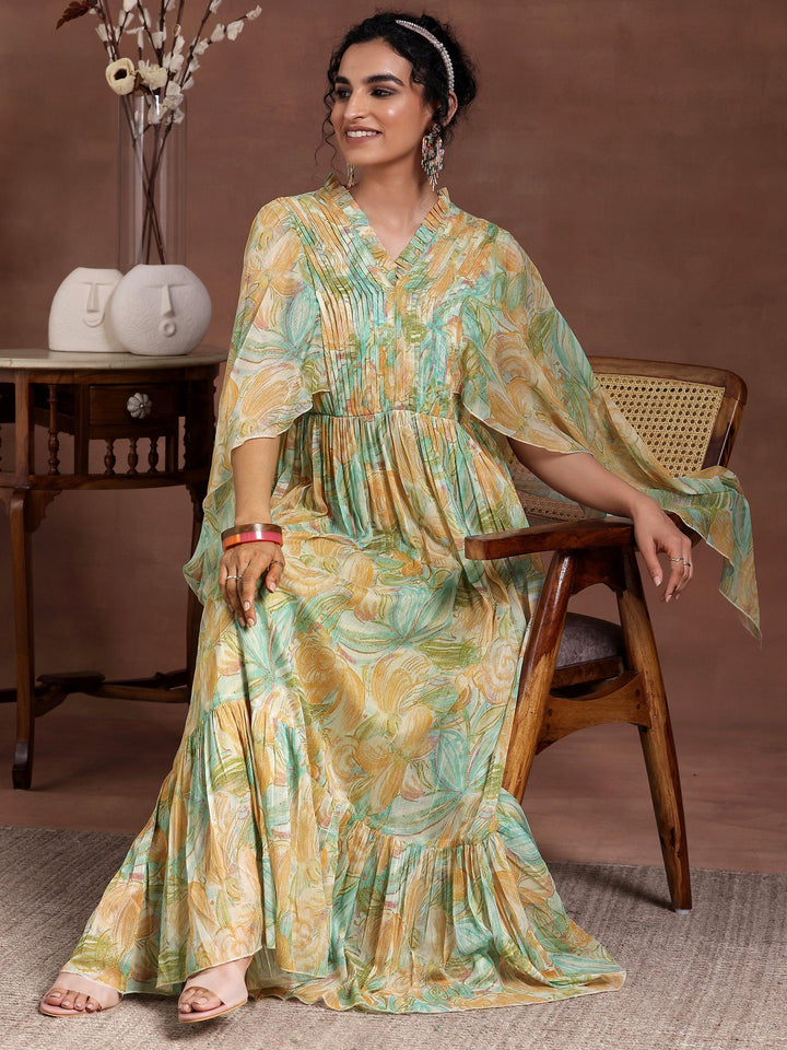 Green Printed Chiffon A-Line Dress