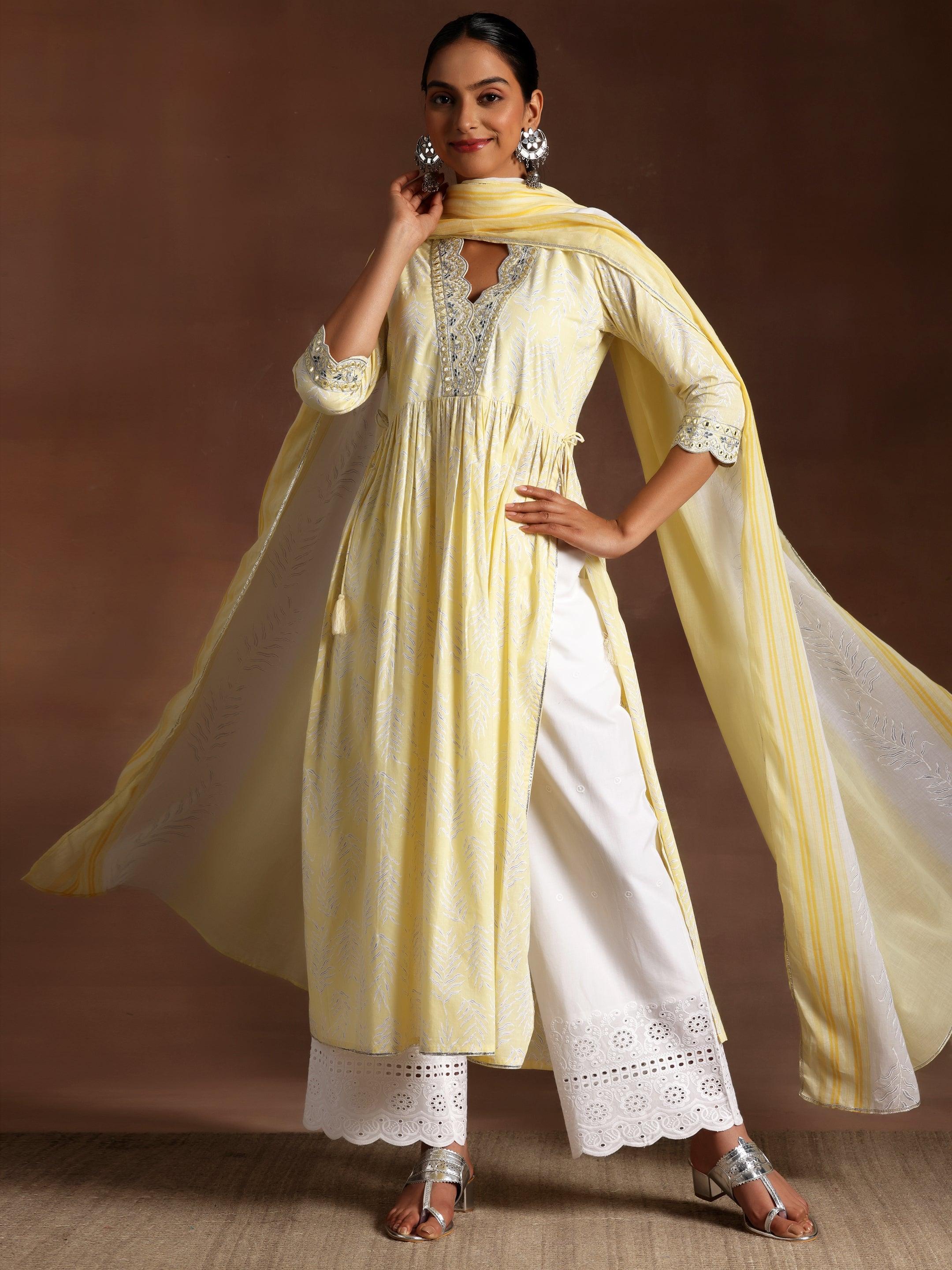 Mahnoor Yellow Printed Cotton A-Line Kurta With Palazzos & Dupatta