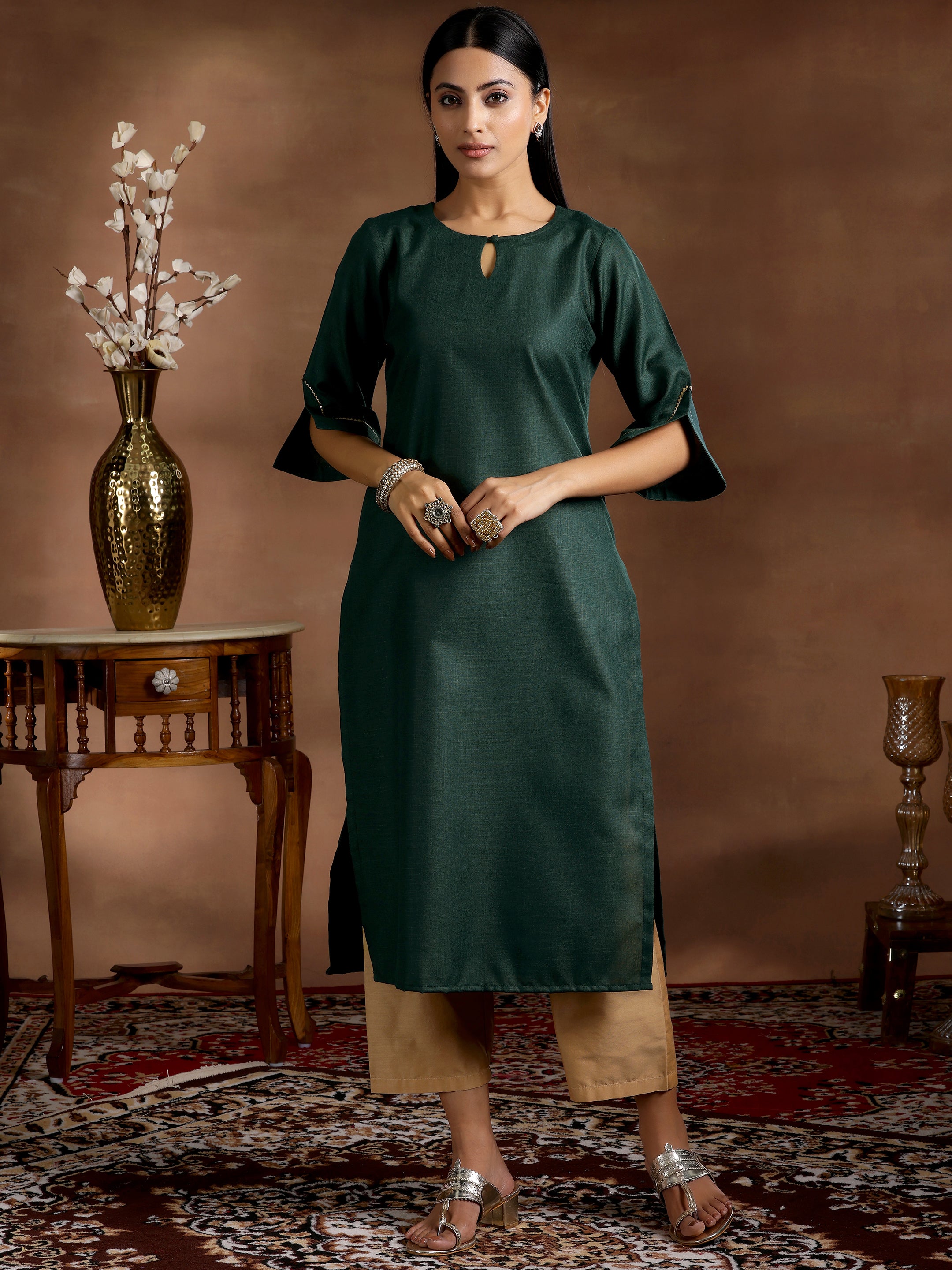 Green Solid Silk Straight Kurta