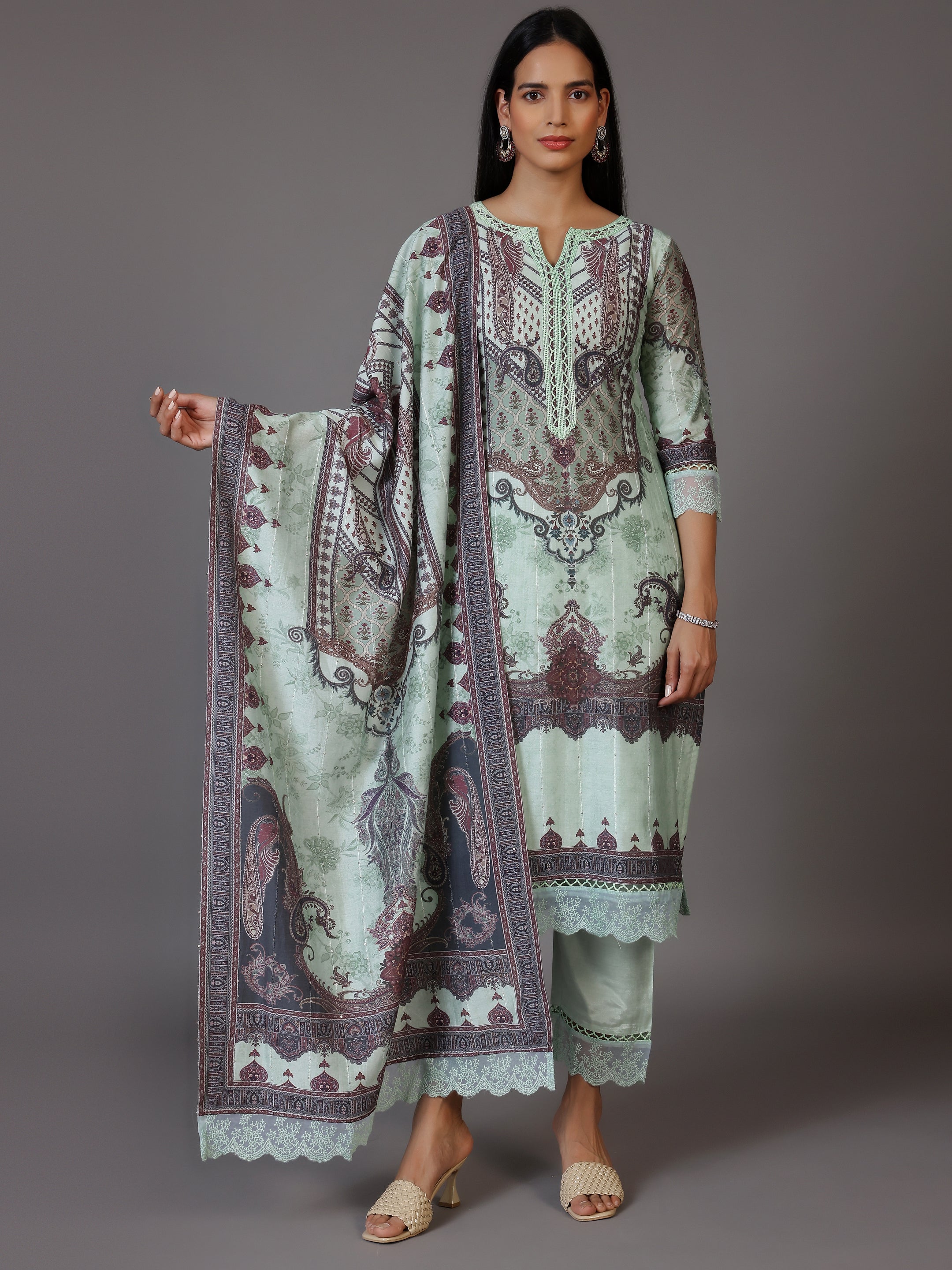 Green Printed Silk Blend Straight Suit With Dupatta