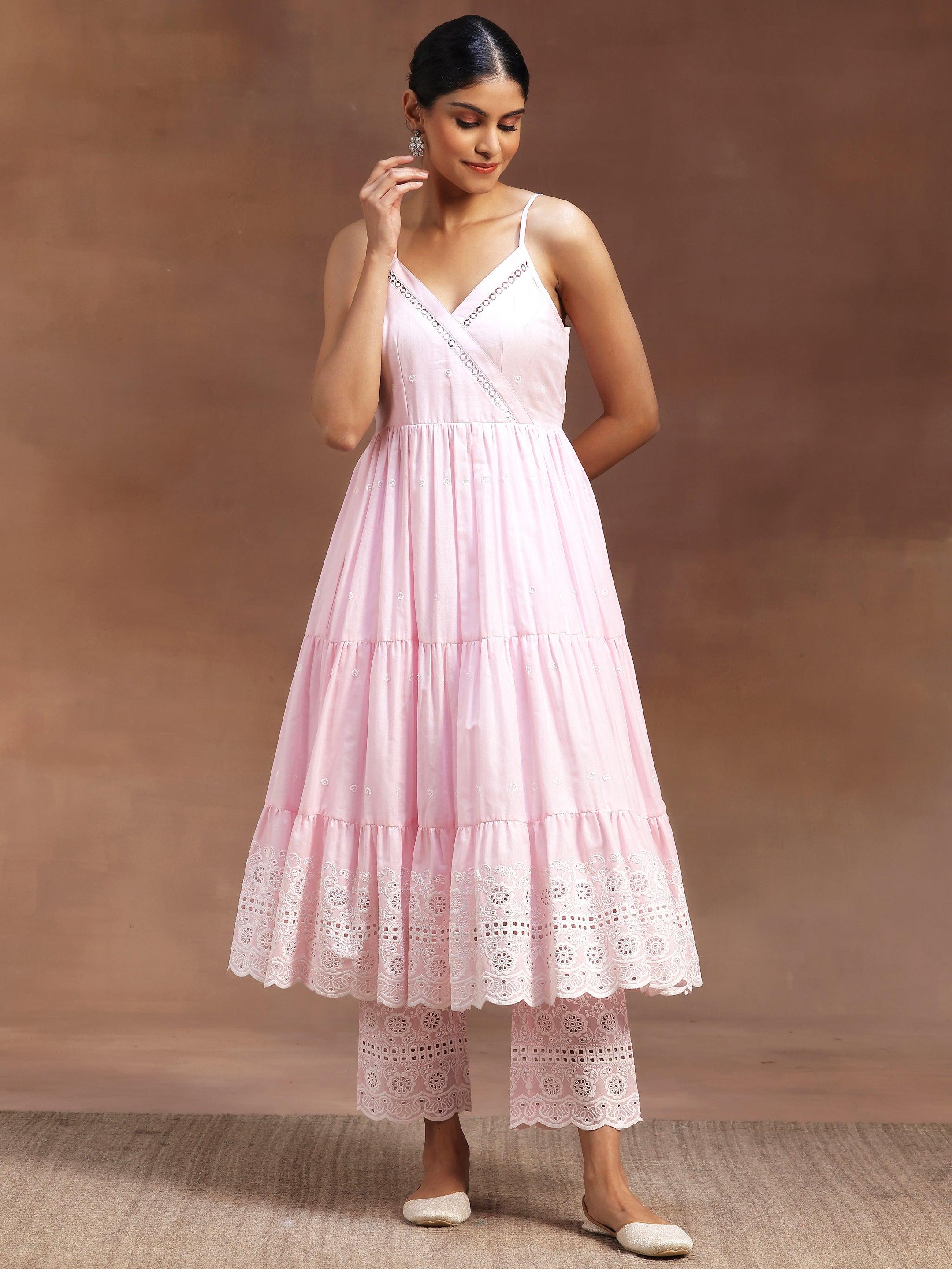 The Kiara Cut Pink Self Design Cotton Anarkali Kurta With Trousers