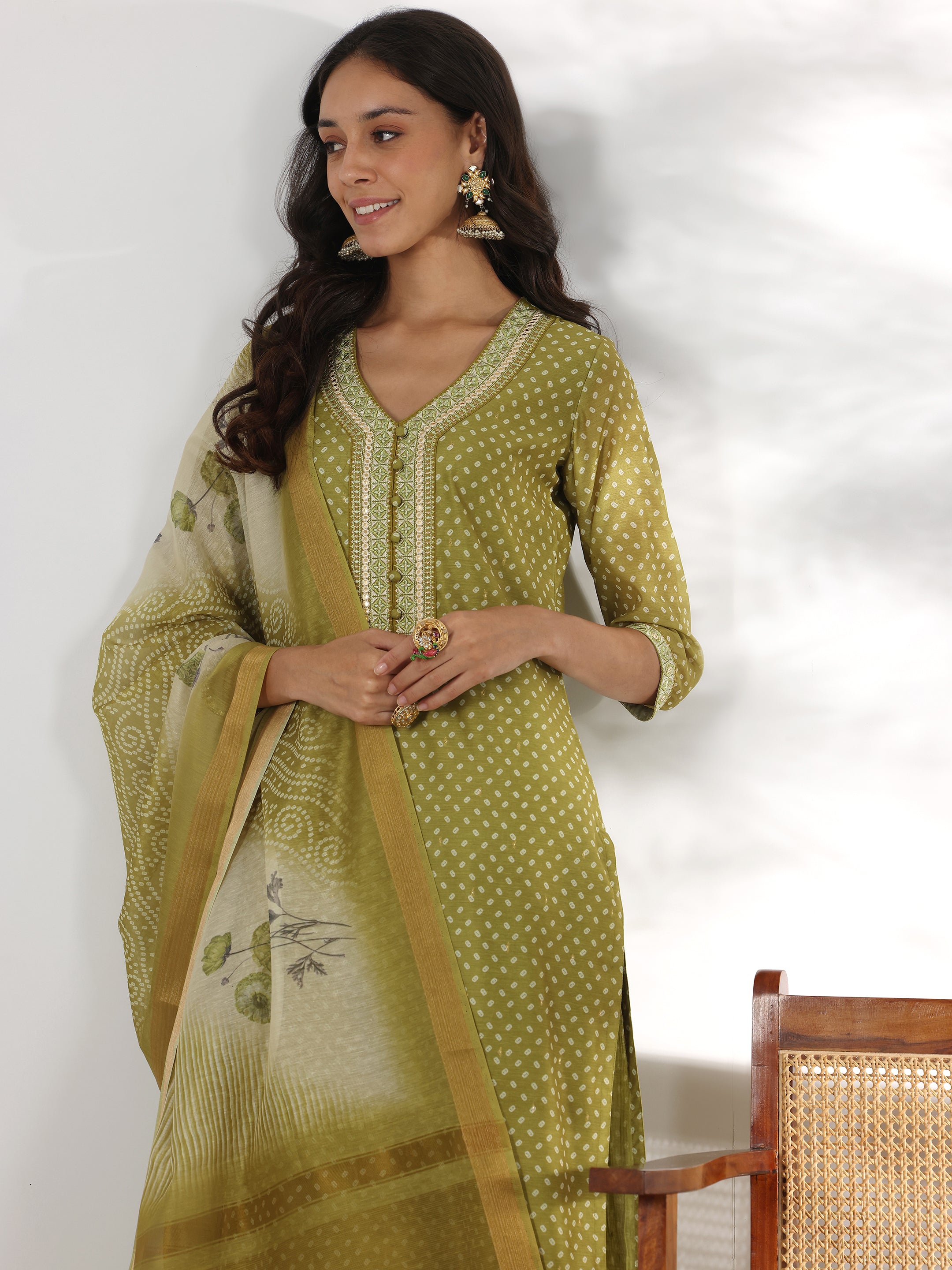 Green Printed Silk Blend Straight Suit With Dupatta