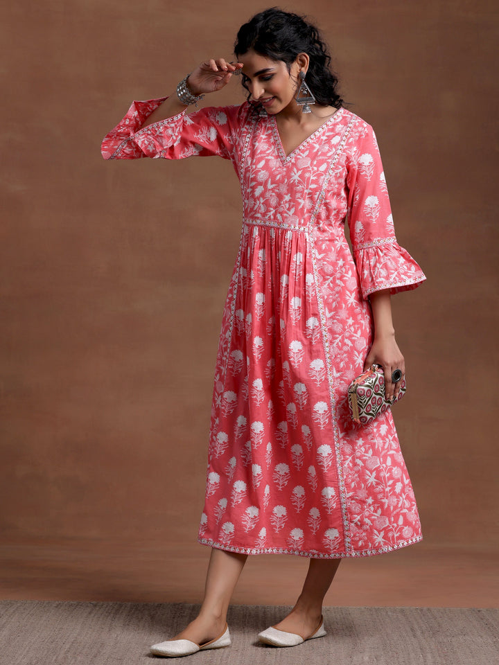 Pink Printed Cotton A-Line Dress