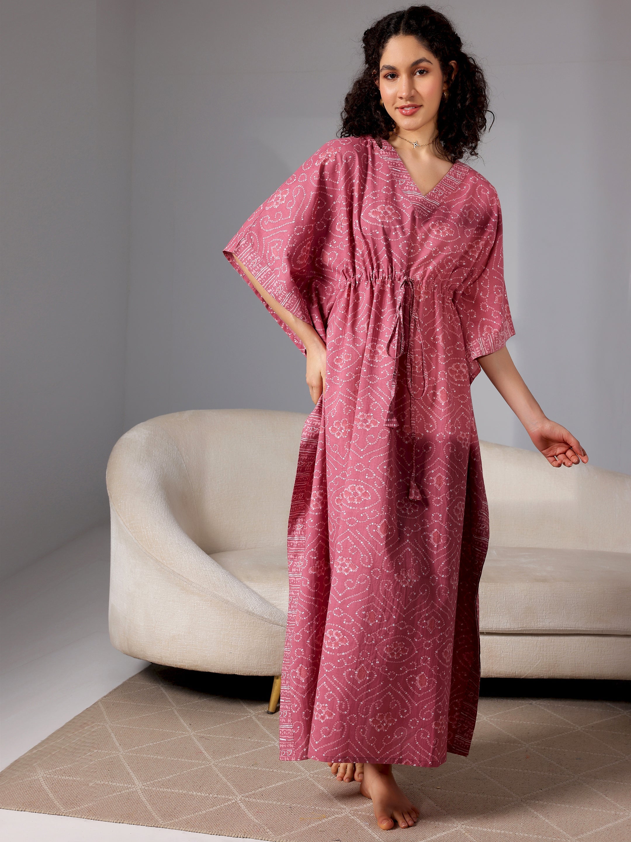 Mauve Printed Cotton Kaftan Night Dress