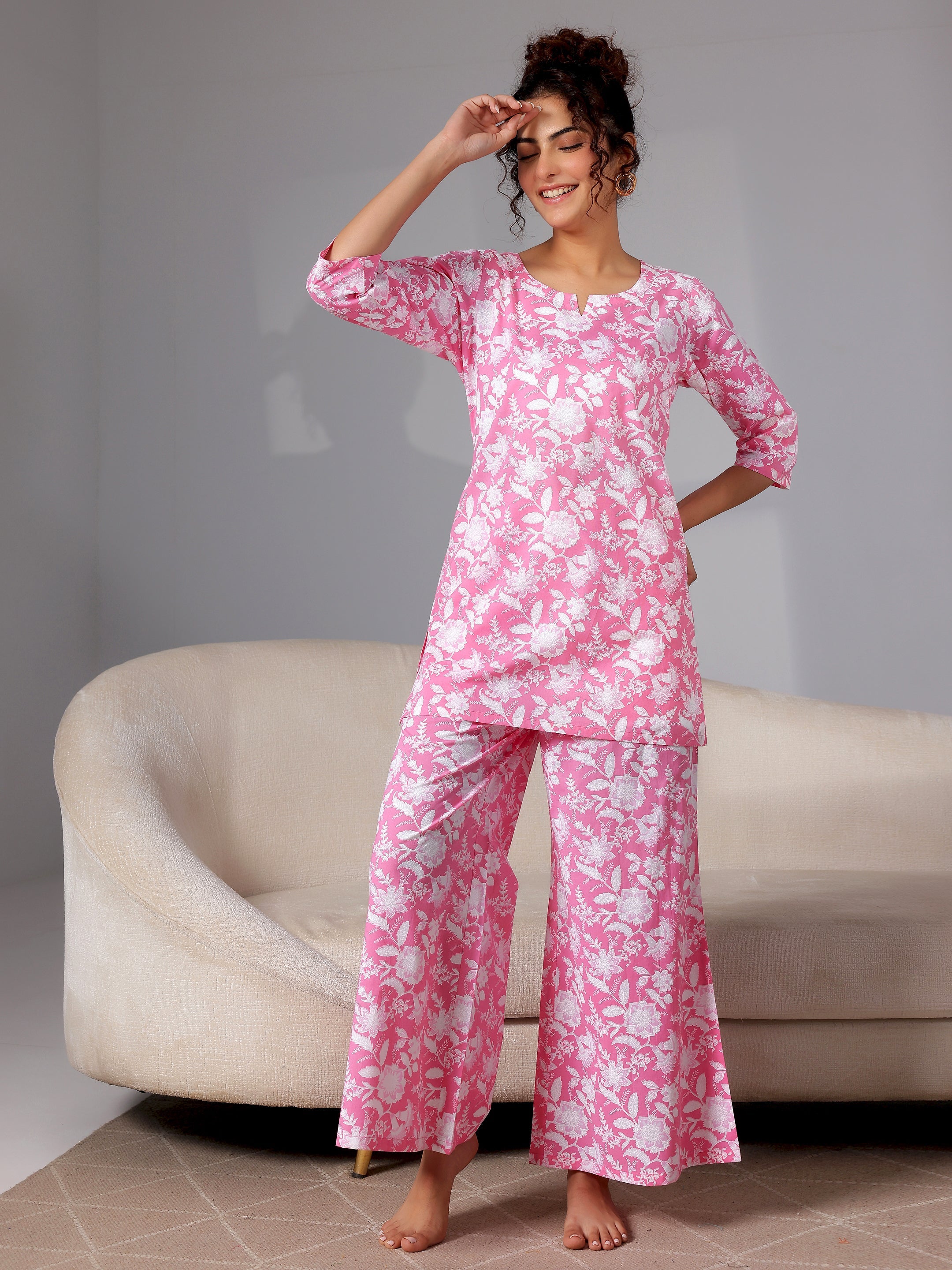 Pink Printed Cotton Night Suits