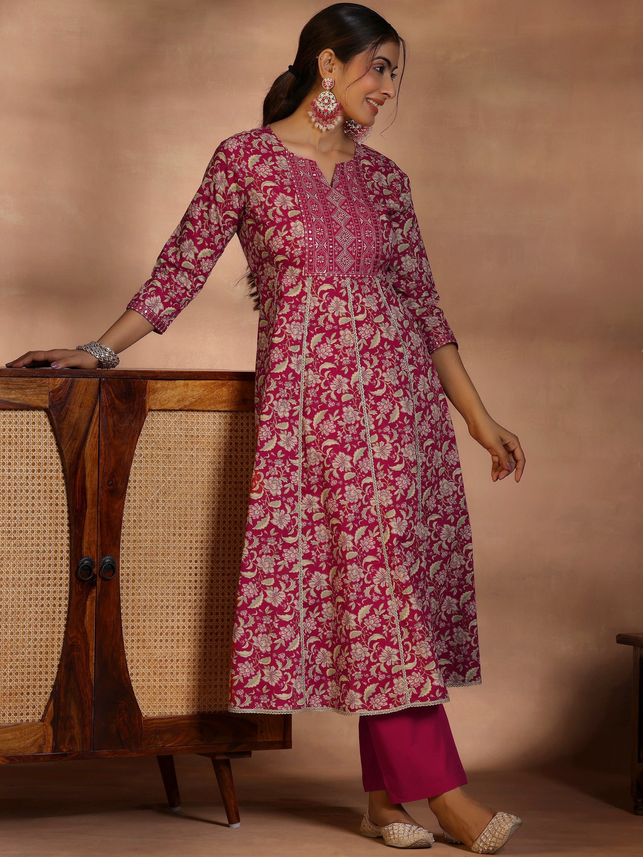 Pink Printed Cotton Anarkali Kurta Set