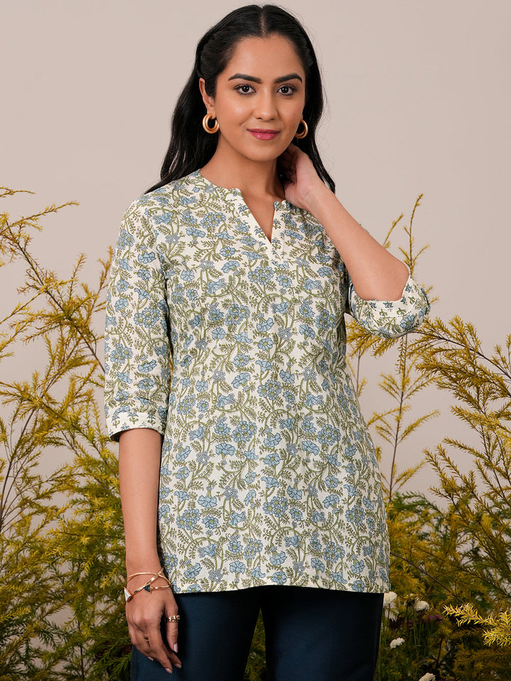 Off White Printed Cotton Straight Kurti - ShopLibas