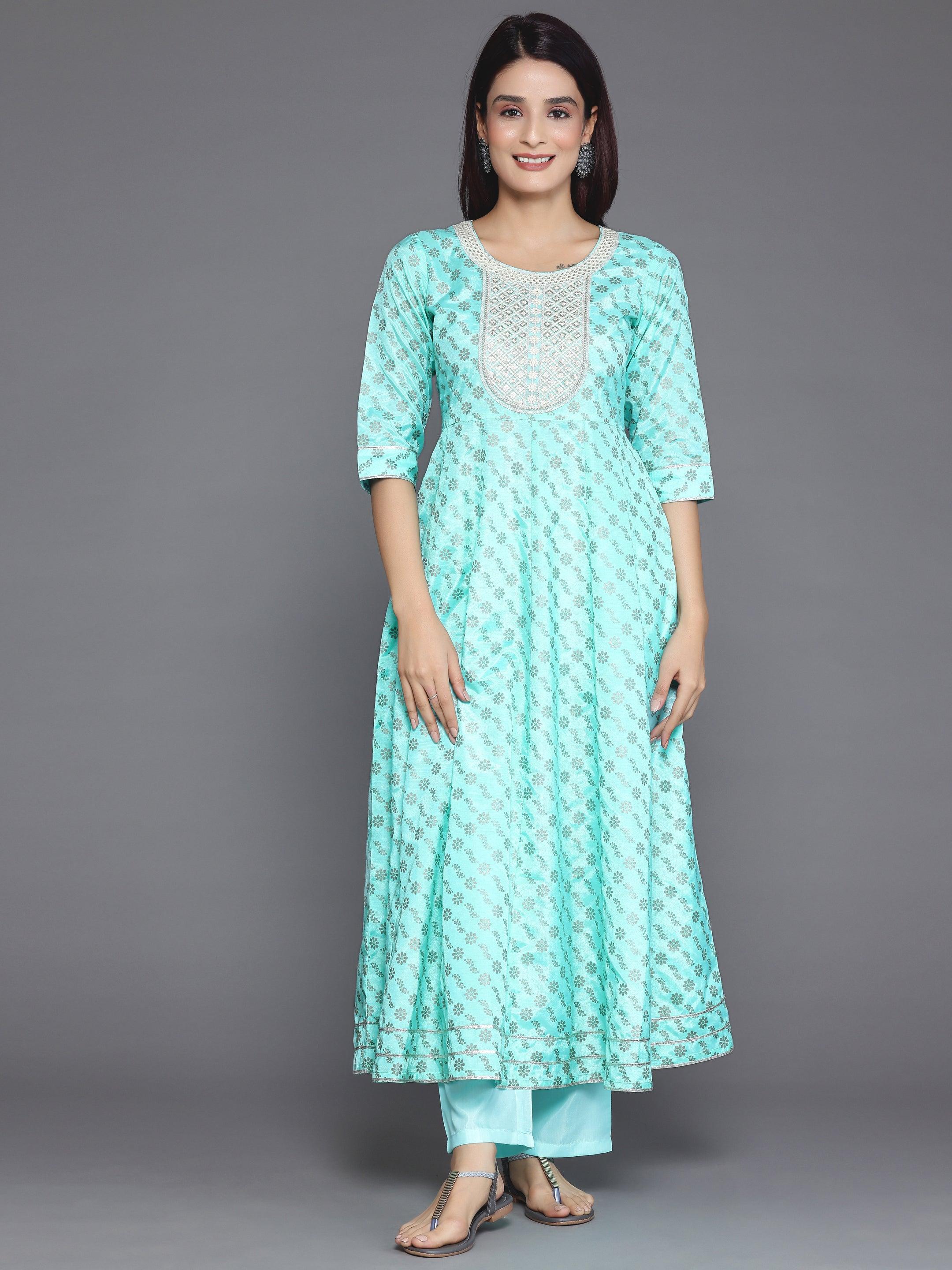 Blue Printed Silk Blend A-Line Kurta With Palazzos