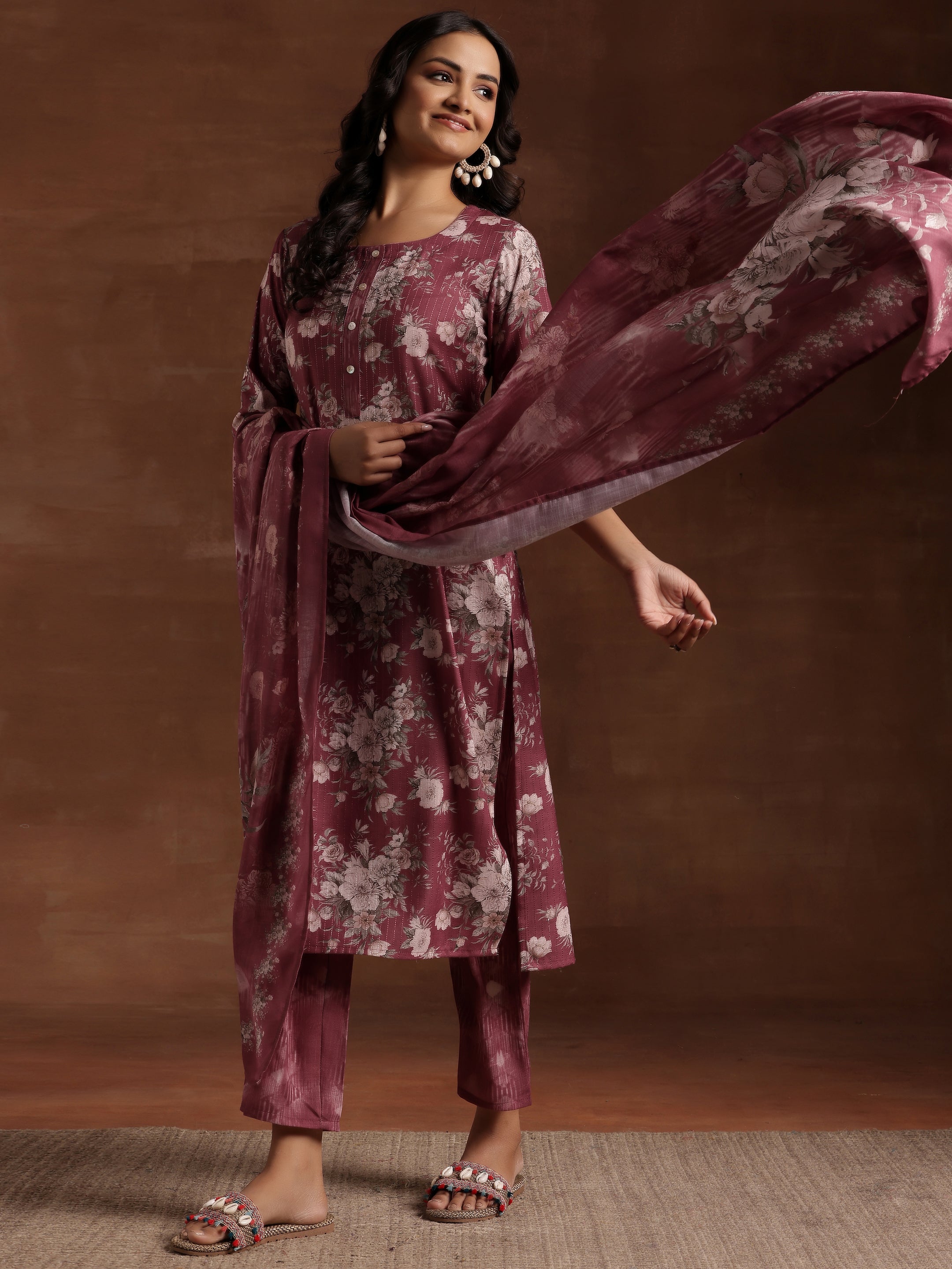 Mauve Printed Cotton Straight Suit With Dupatta