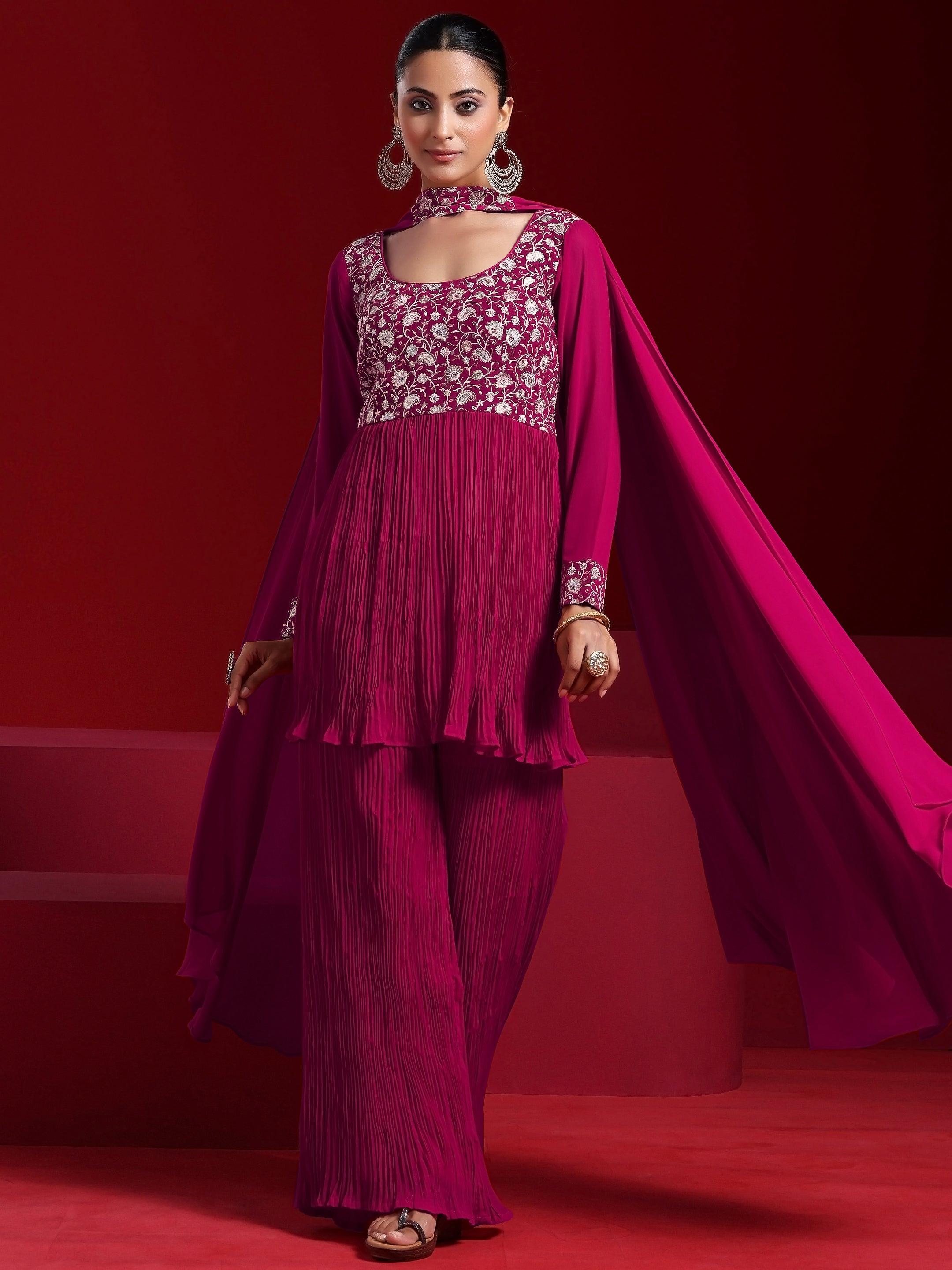 Libas Art Pink Embroidered Georgette A-Line Kurta With Sharara & Dupatta