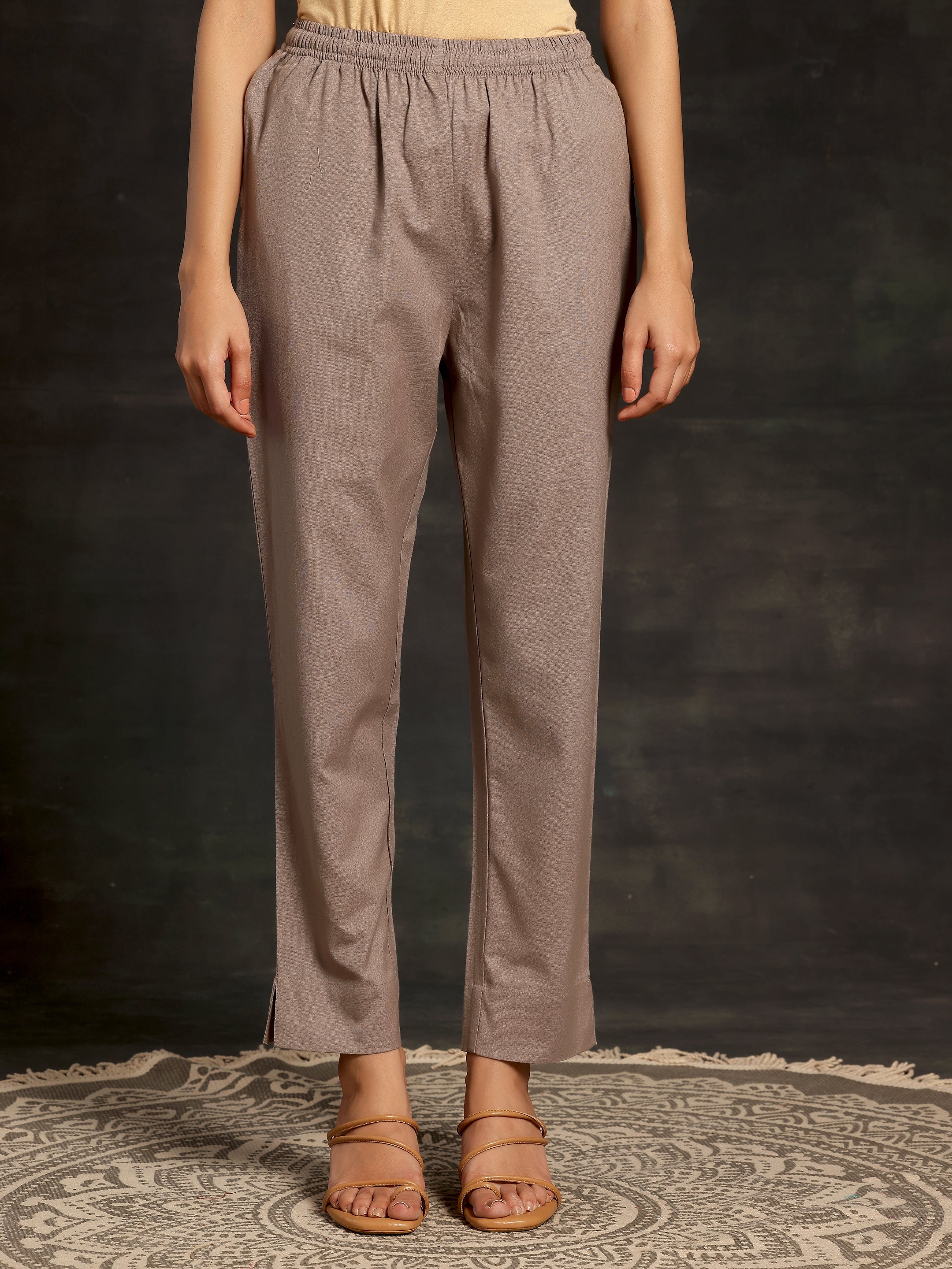 Grey Solid Cotton Straight Fit Trousers