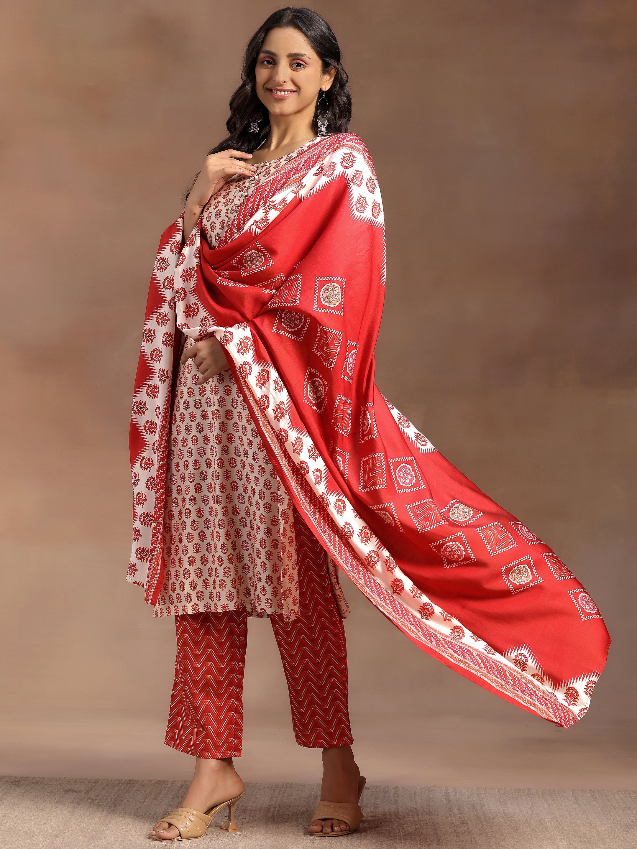 Beige Printed Silk Blend Straight Suit With Dupatta