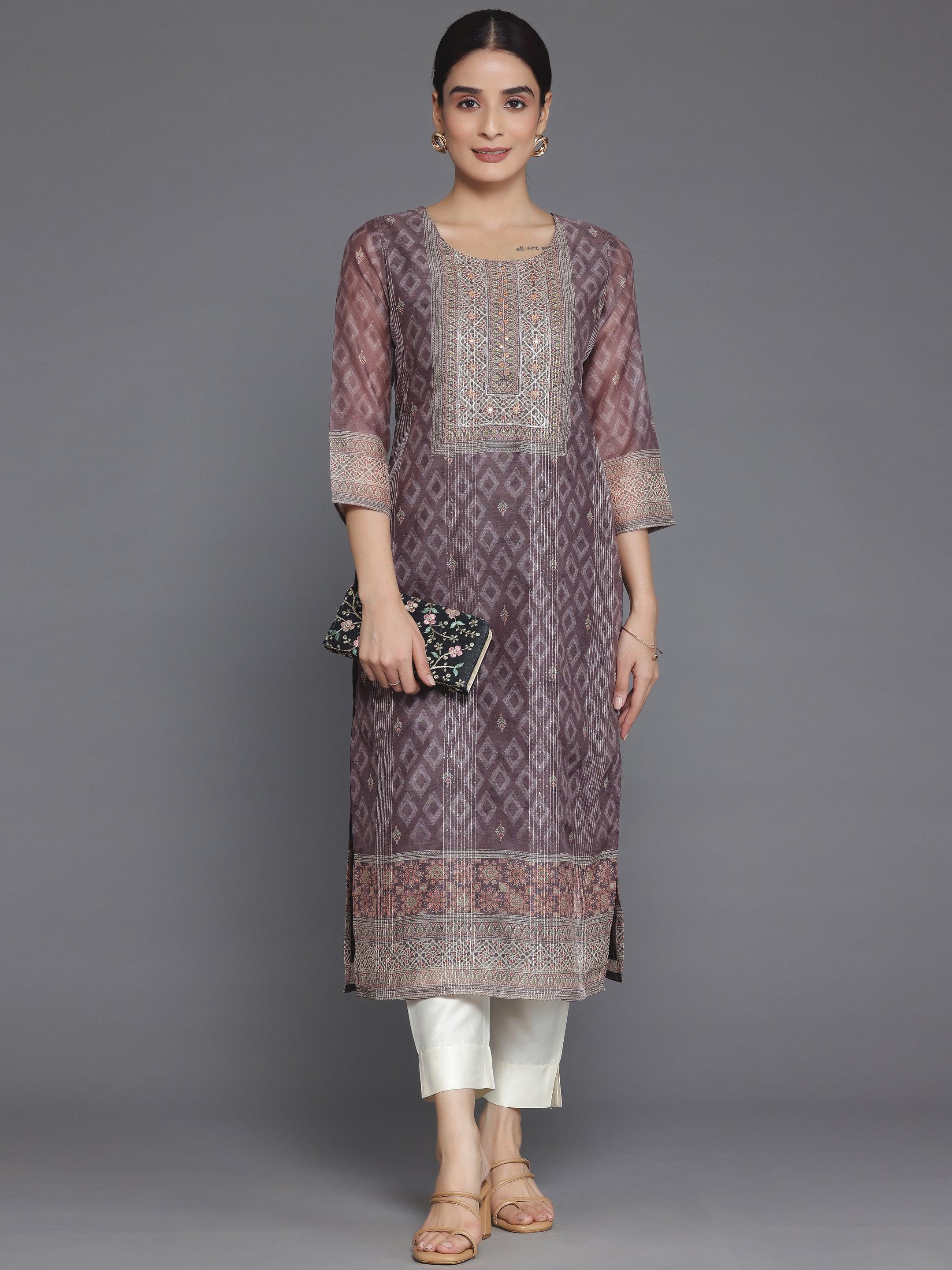 Brown Embellished Chanderi Silk Straight Kurta