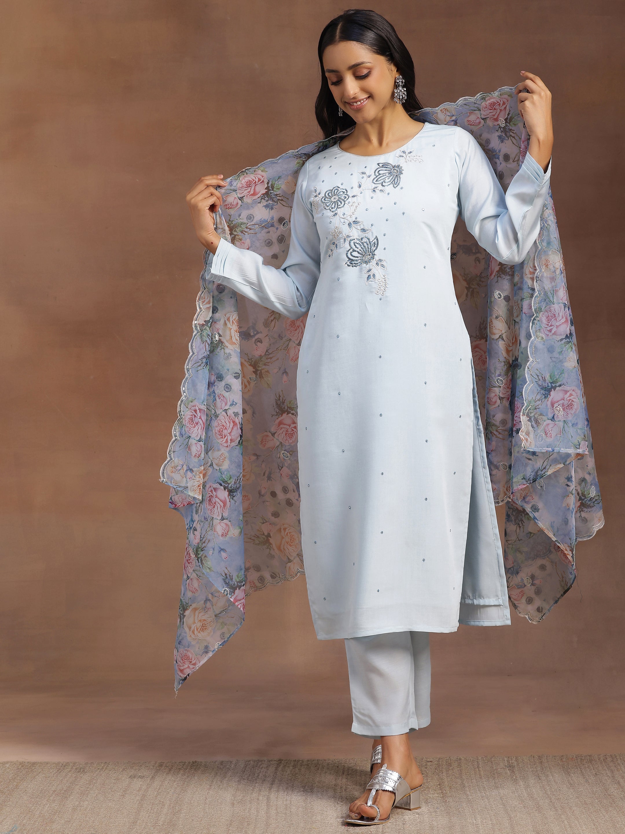 Blue Embroidered Silk Blend Straight Suit With Dupatta