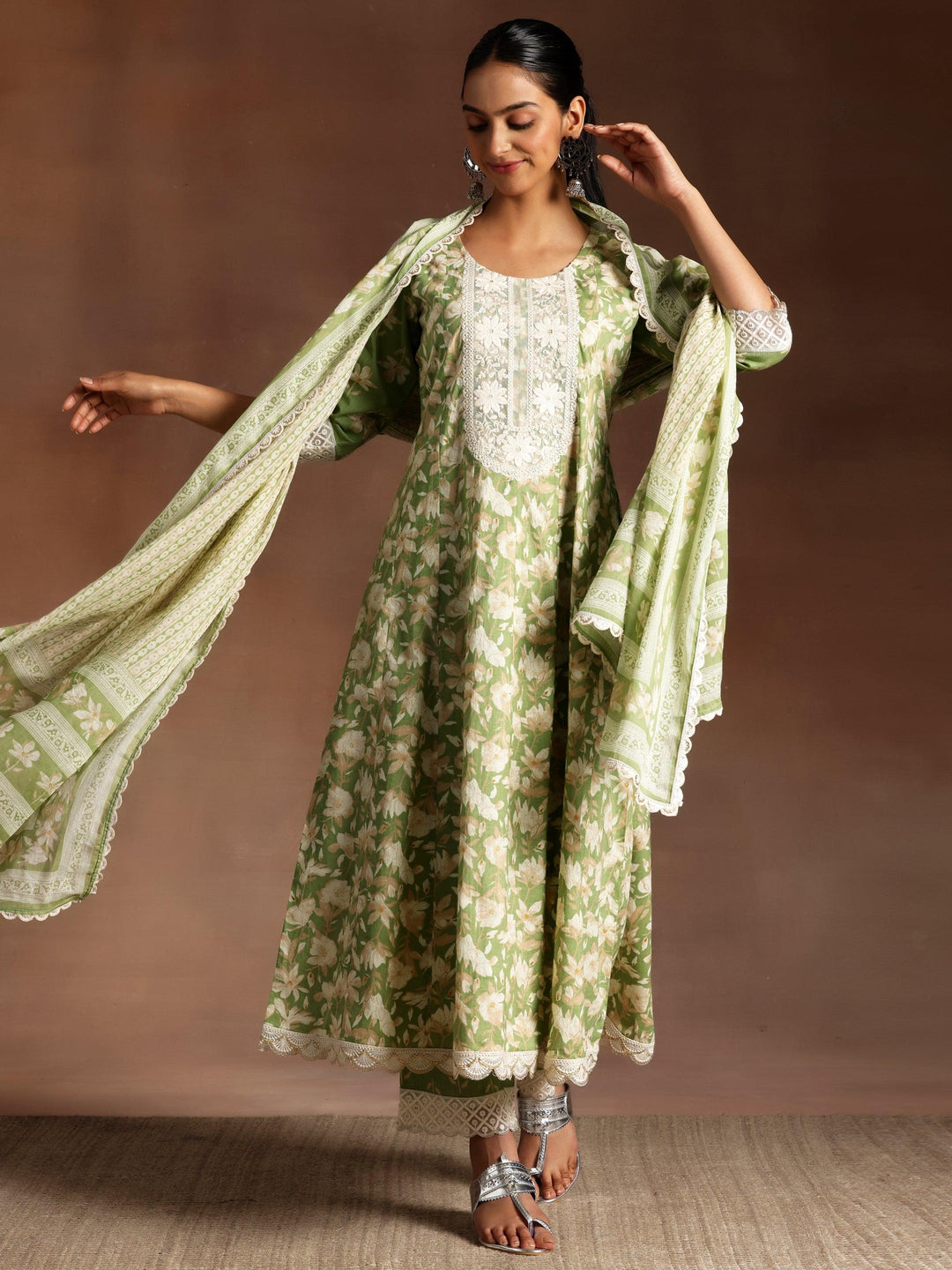 Green Printed Cotton A-Line Kurta With Trousers & Dupatta - ShopLibas