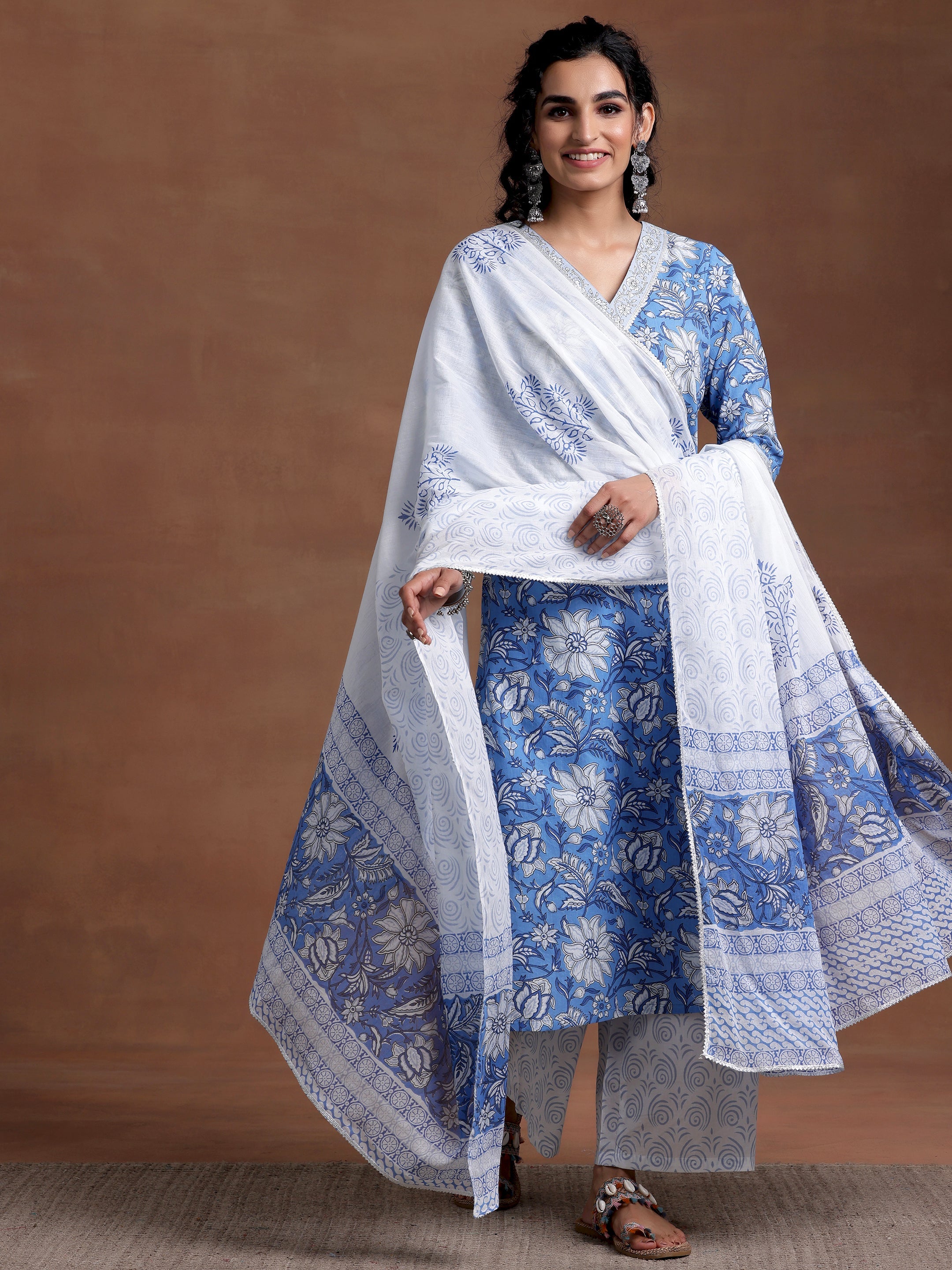 Blue Printed Cotton Straight Suit With Dupatta