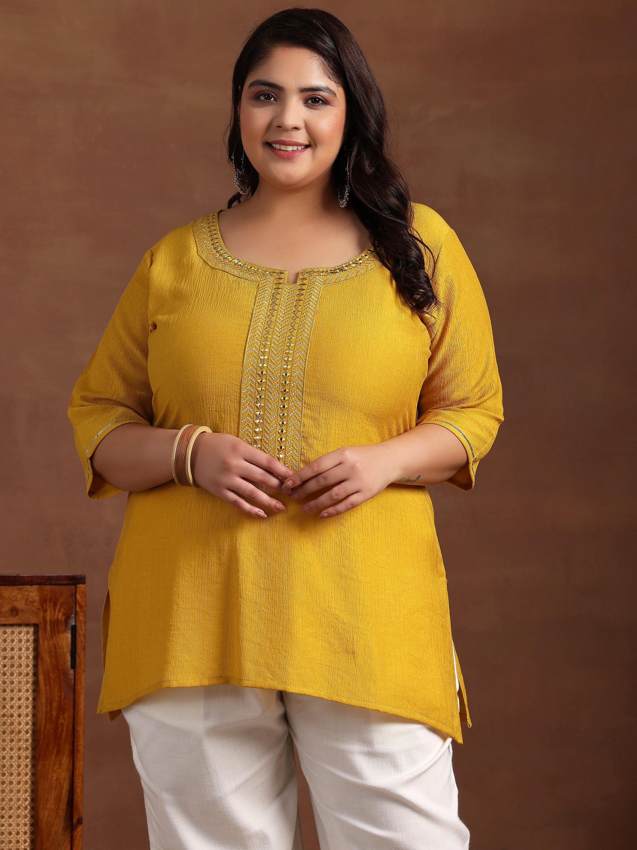 Plus Size Mustard Woven Design Cotton Blend Straight Kurti